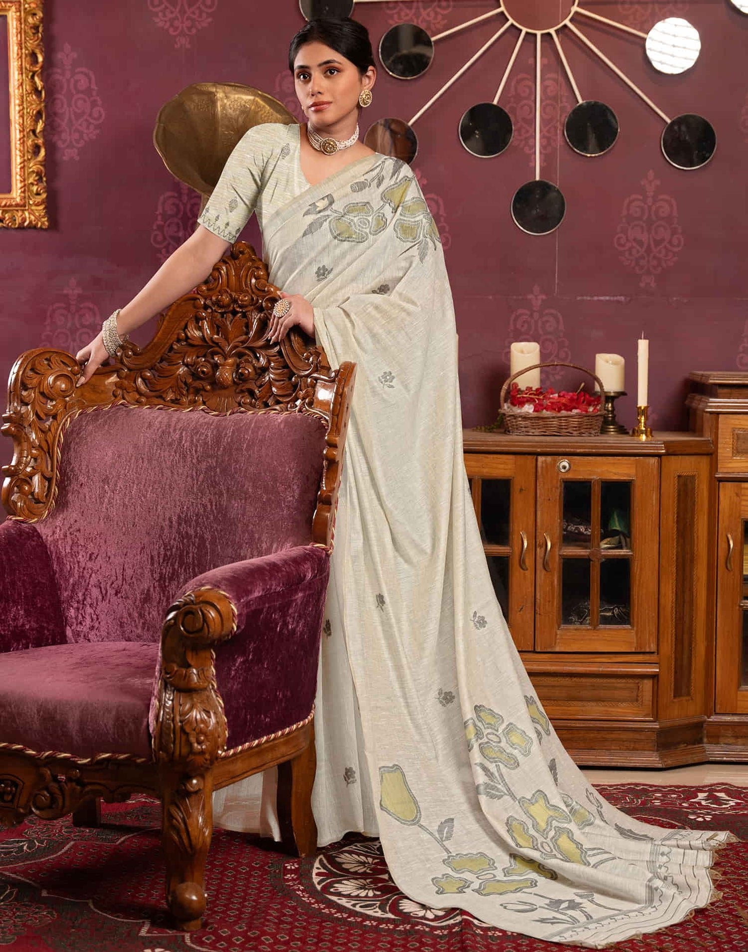 Beige Cotton Weaving Jamdani Saree