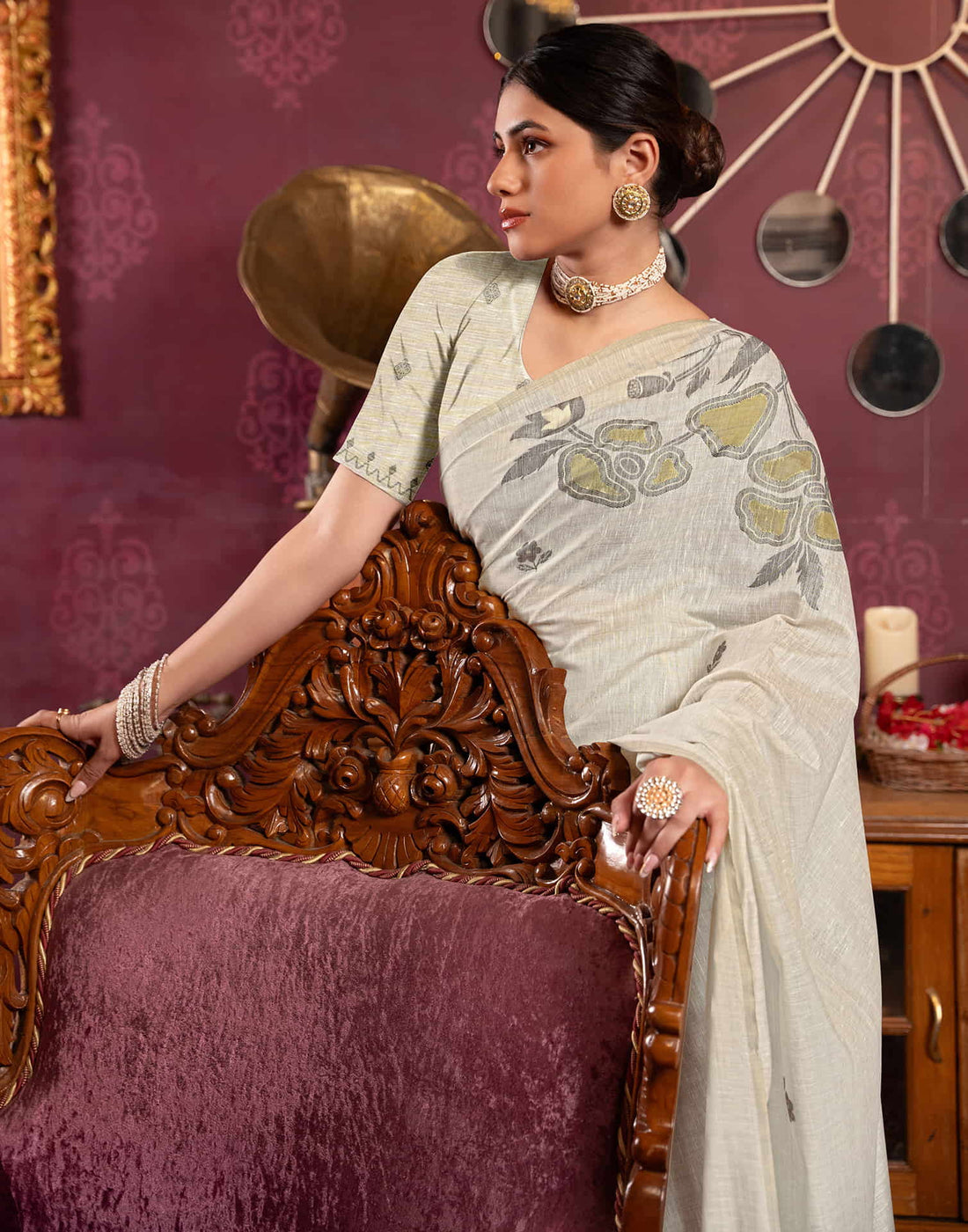 Beige Cotton Weaving Jamdani Saree