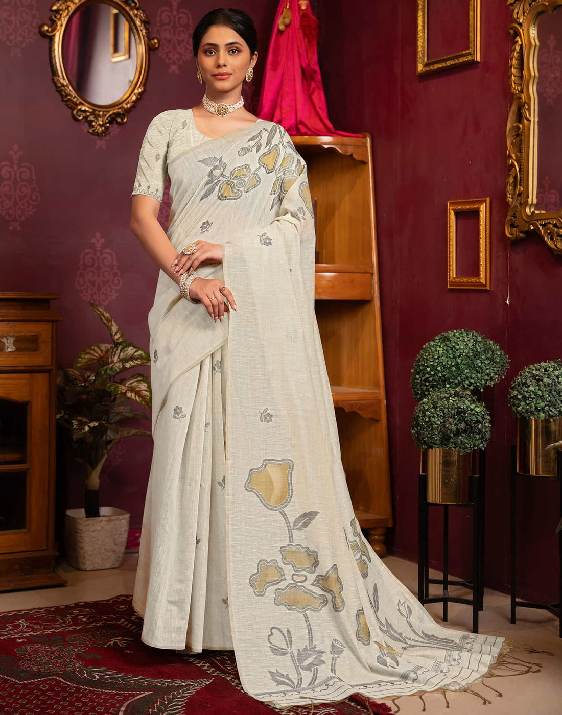 Beige Cotton Weaving Jamdani Saree