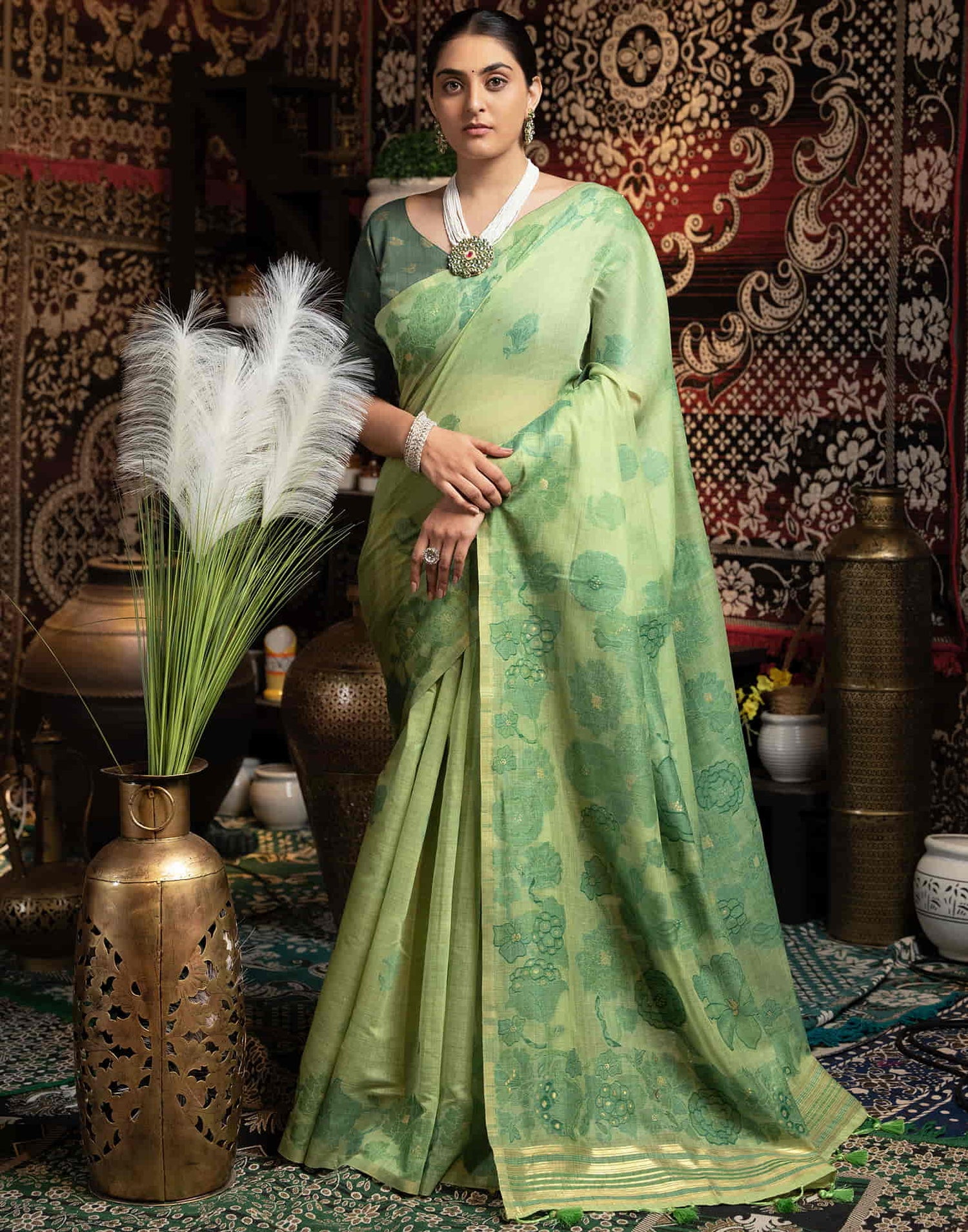 Green Cotton Weaving Jamdani Saree