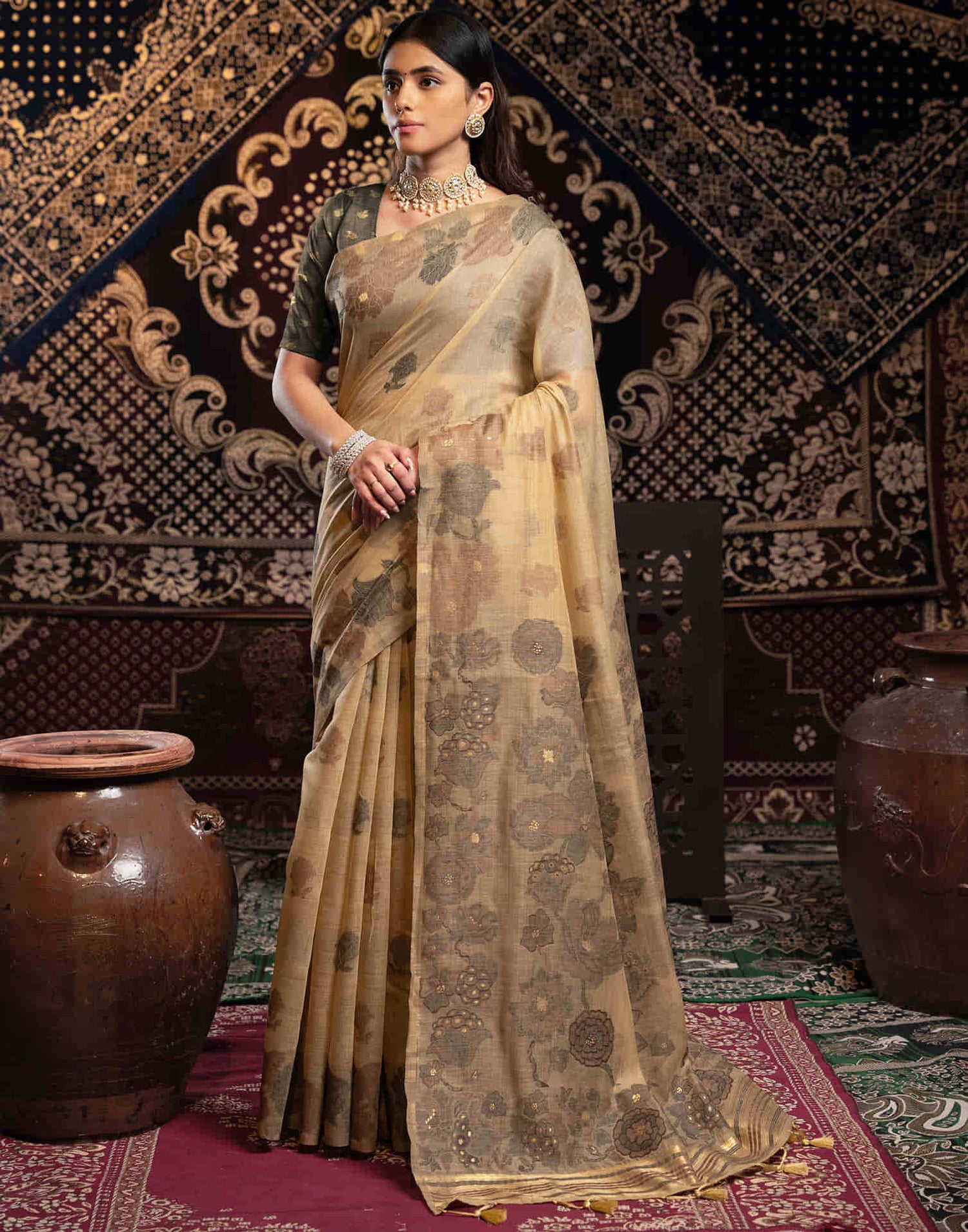 Beige Cotton Weaving Jamdani Saree