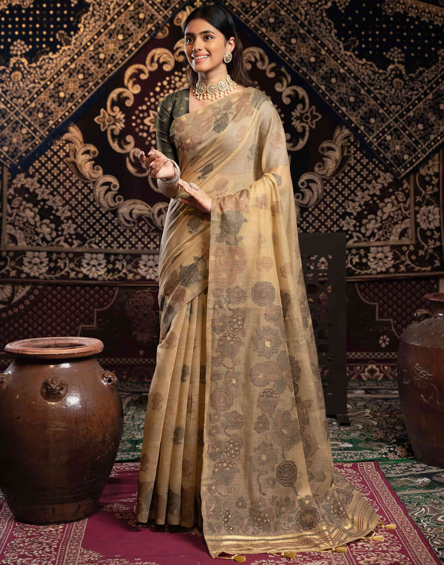 Beige Cotton Weaving Jamdani Saree