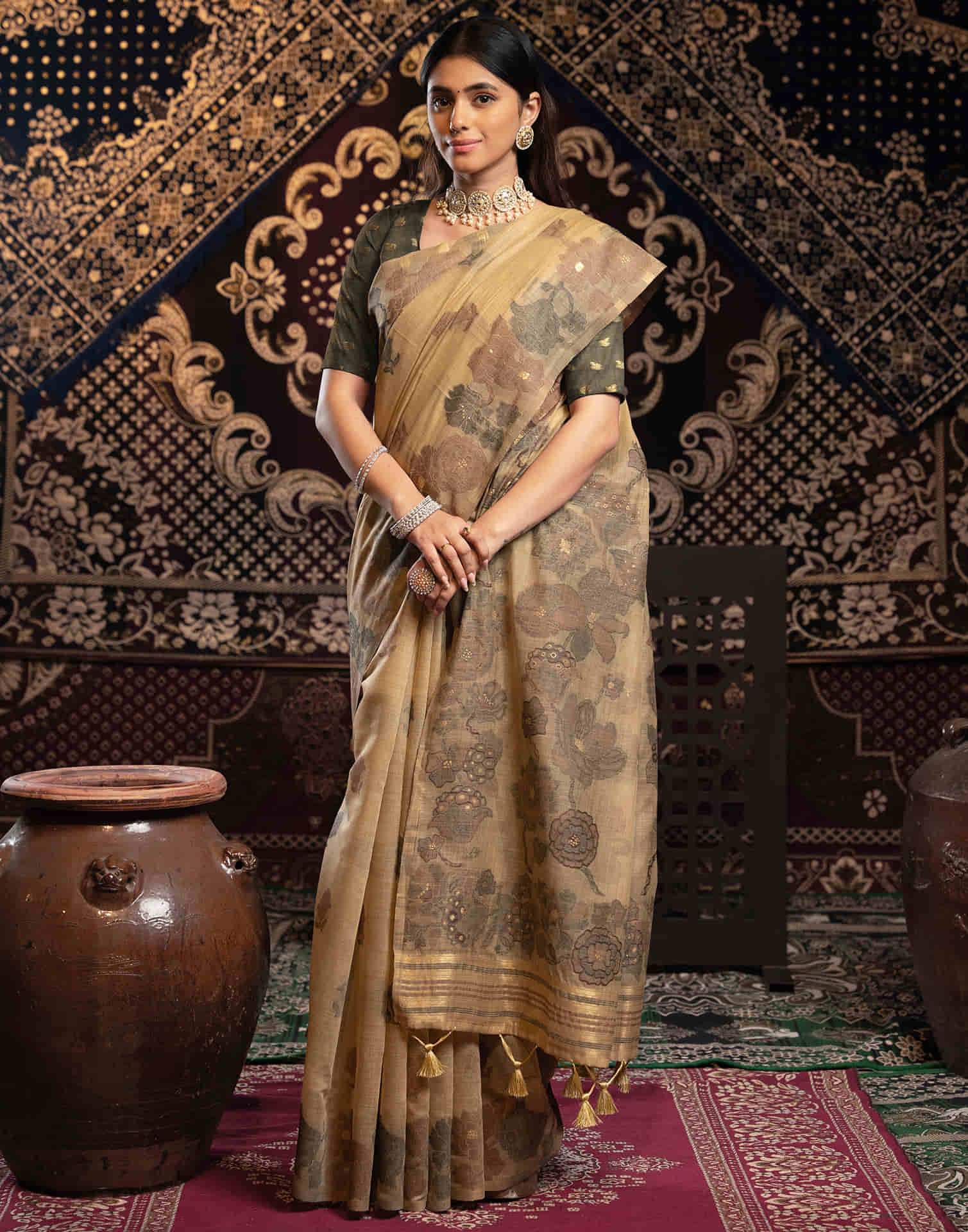 Beige Cotton Weaving Jamdani Saree