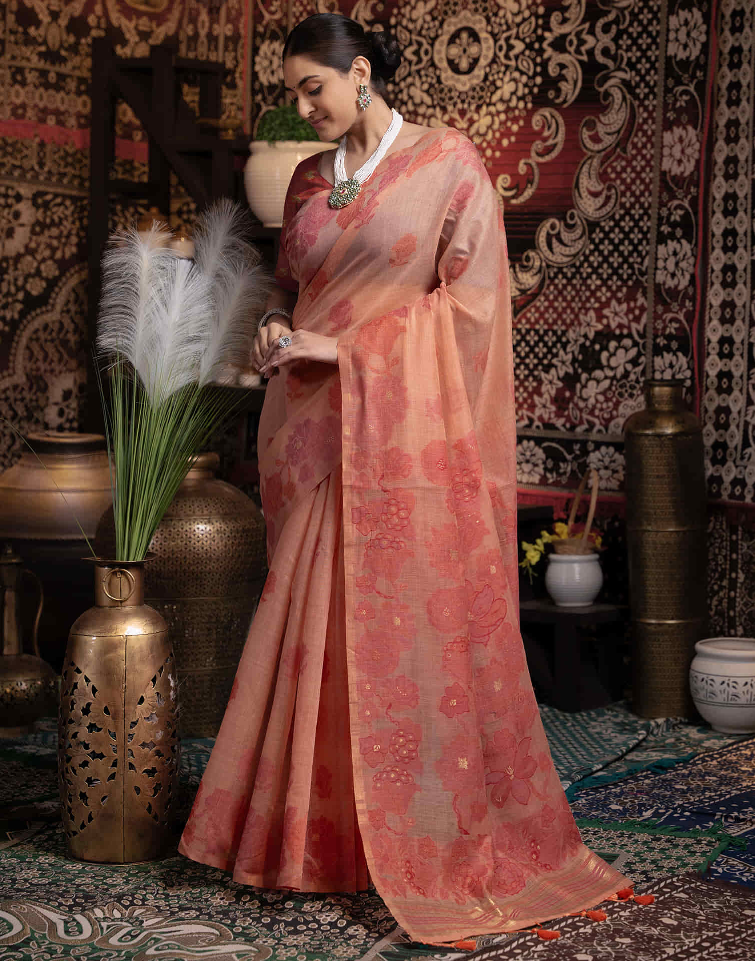 Light Peach Cotton Weaving Jamdani Saree