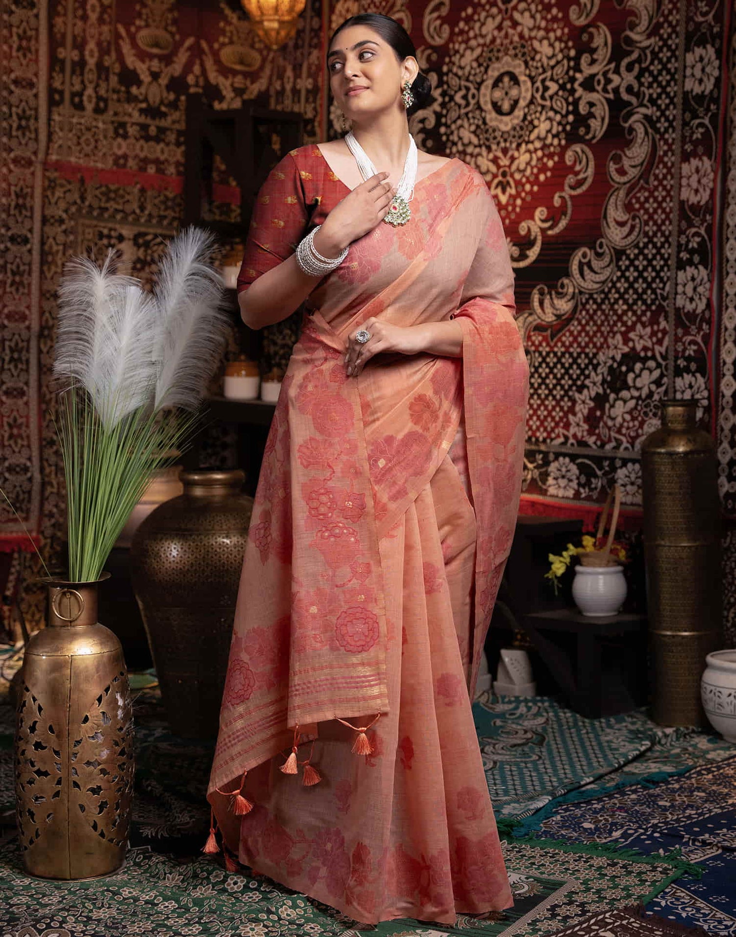 Light Peach Cotton Weaving Jamdani Saree