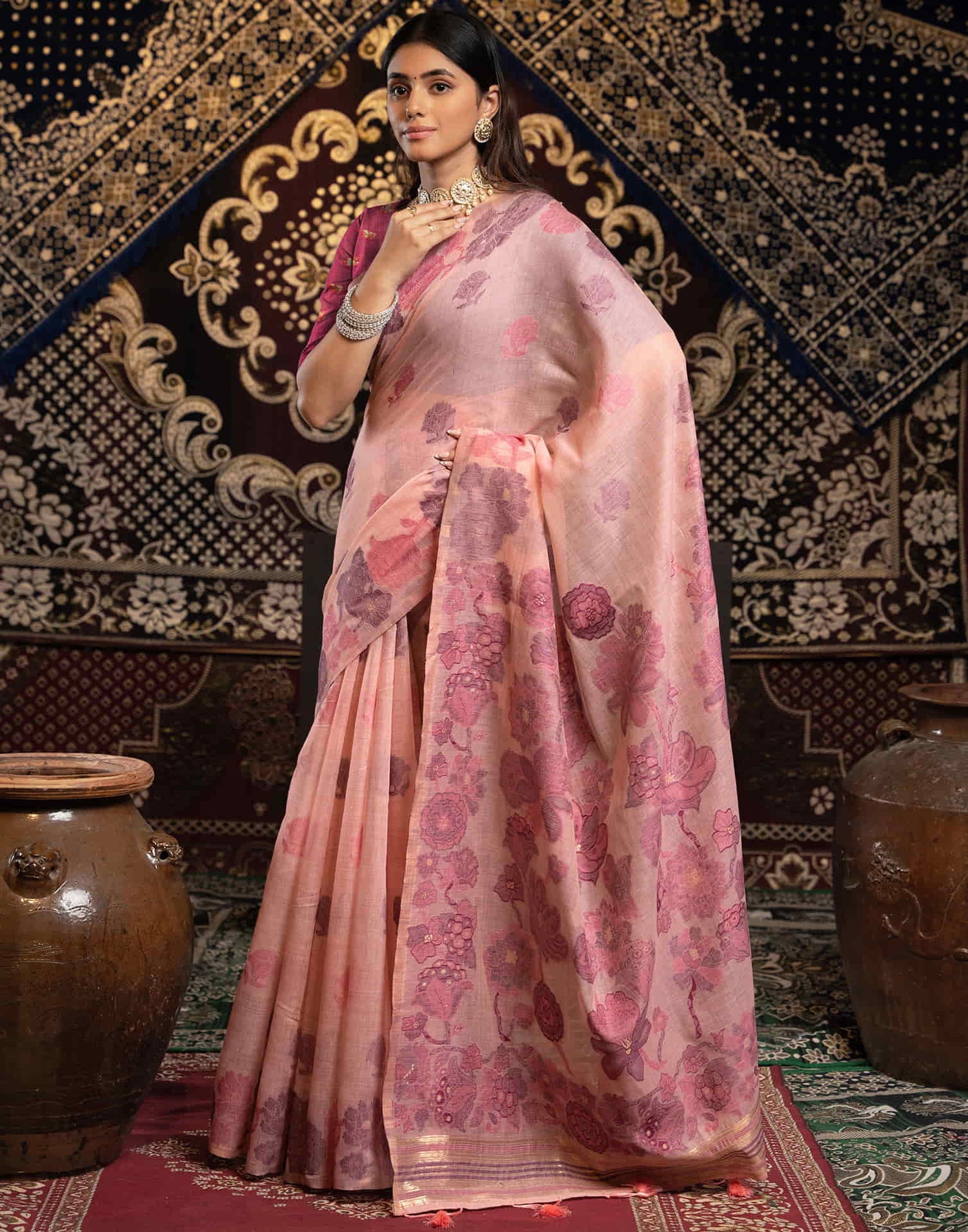 Rose Pink Cotton Weaving Jamdani Saree