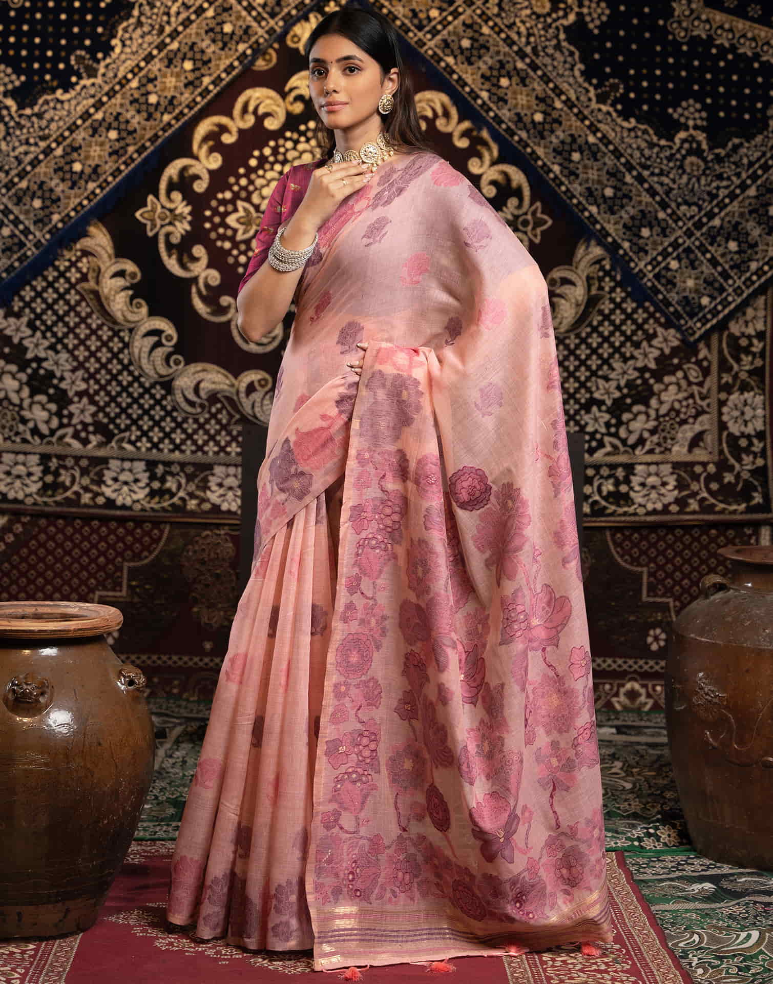 Rose Pink Cotton Weaving Jamdani Saree