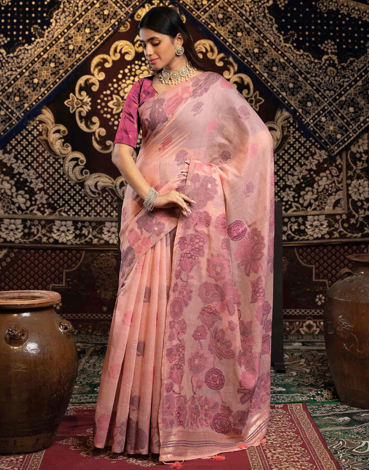 Rose Pink Cotton Weaving Jamdani Saree