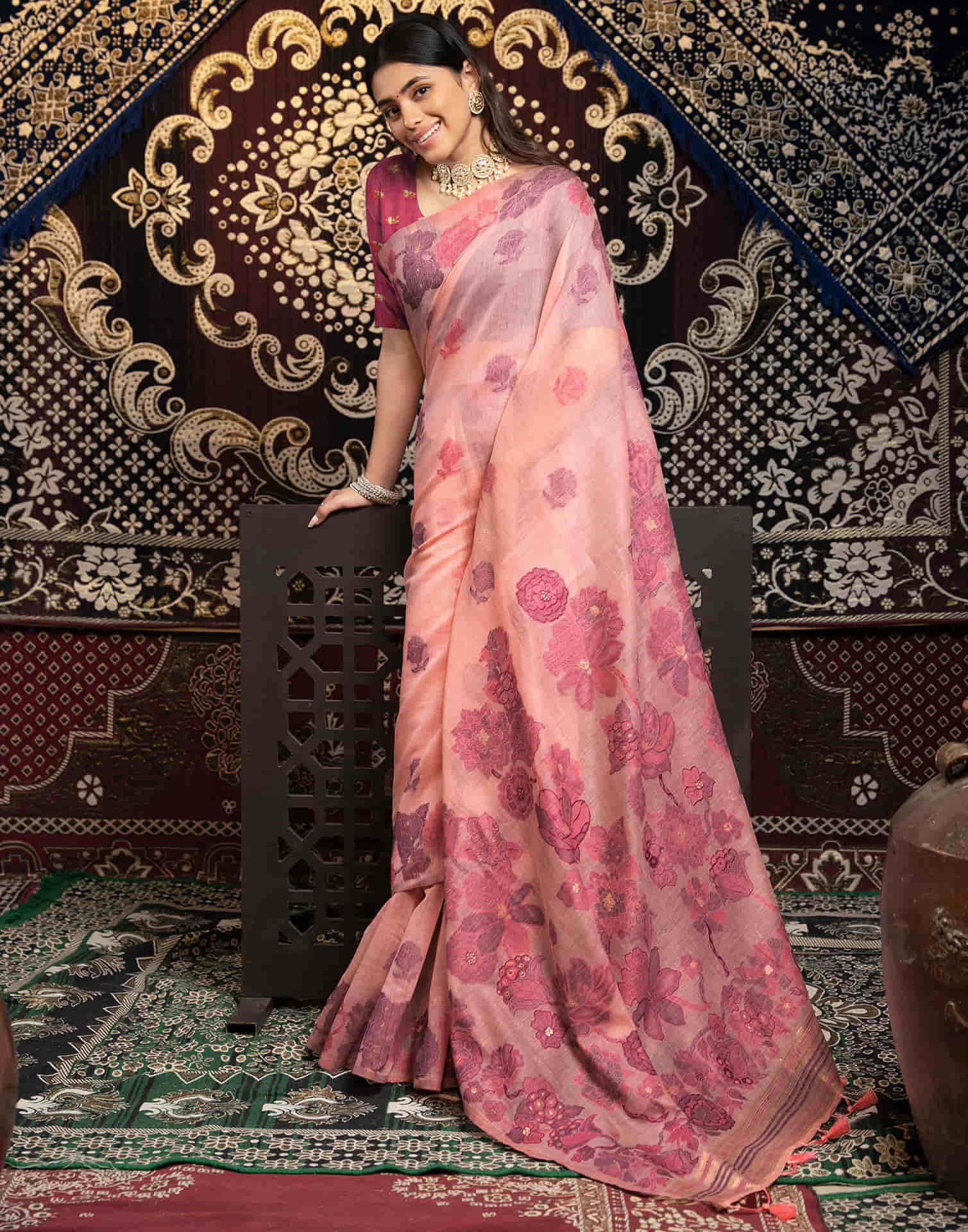 Rose Pink Cotton Weaving Jamdani Saree