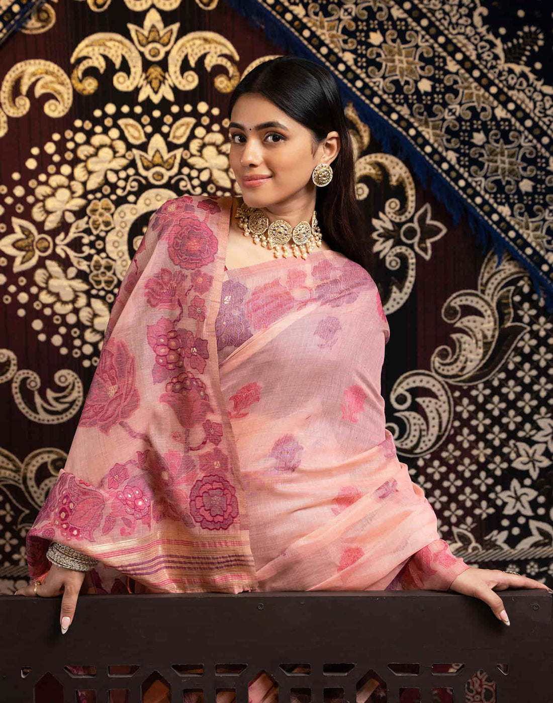 Rose Pink Cotton Weaving Jamdani Saree