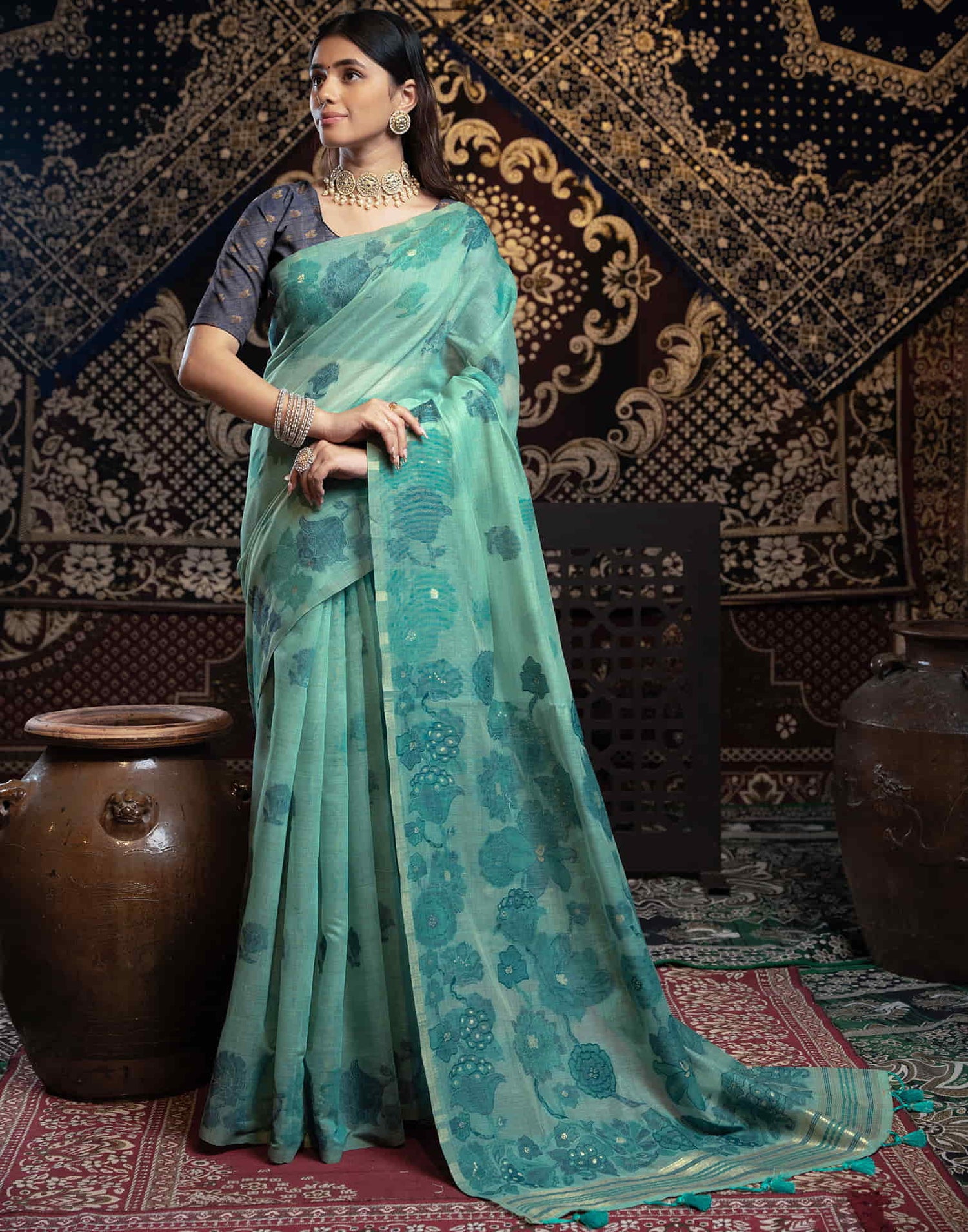 Turquoise Cotton Weaving Jamdani Saree