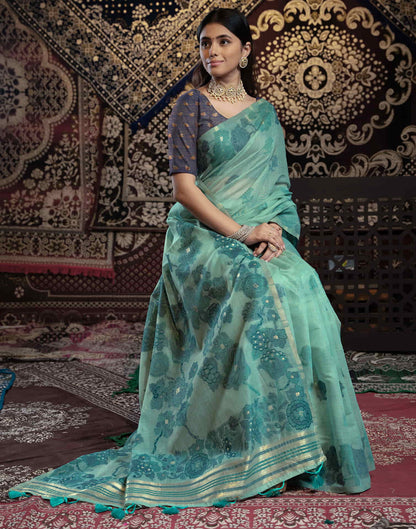 Turquoise Cotton Weaving Jamdani Saree