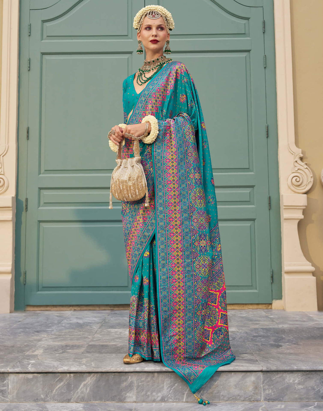 Teal Blue Silk Weaving Saree