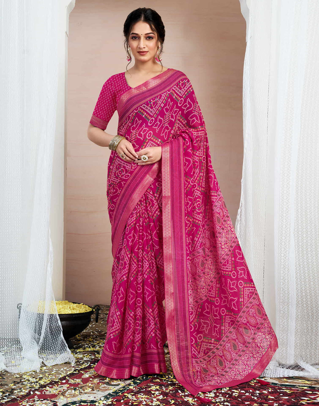 Rani Pink Chiffon Printed Bandhani Saree