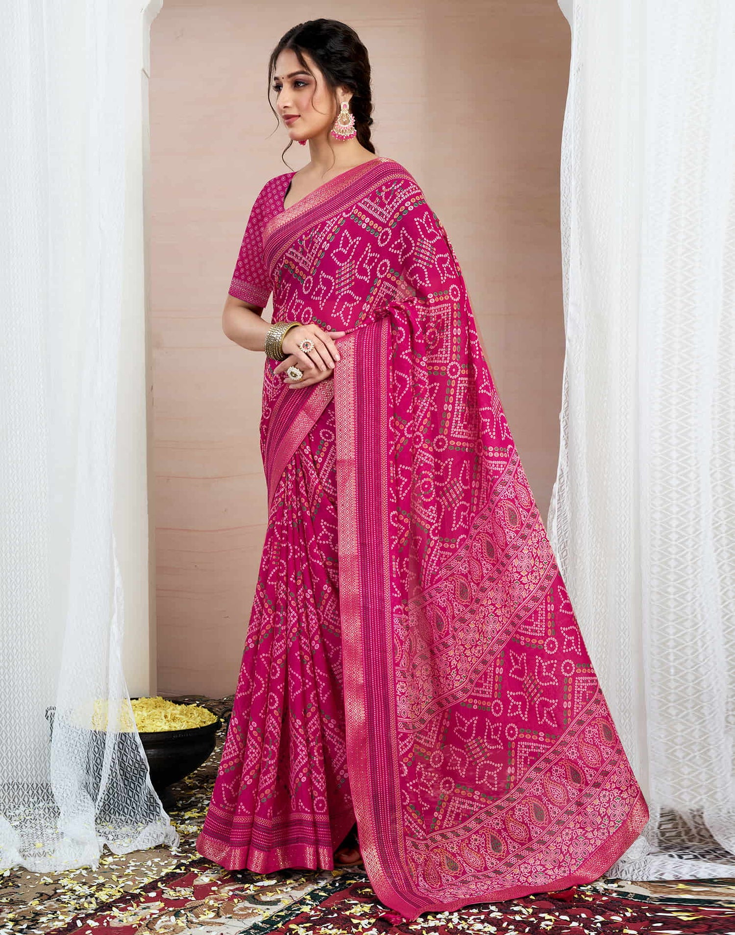 Rani Pink Chiffon Printed Bandhani Saree