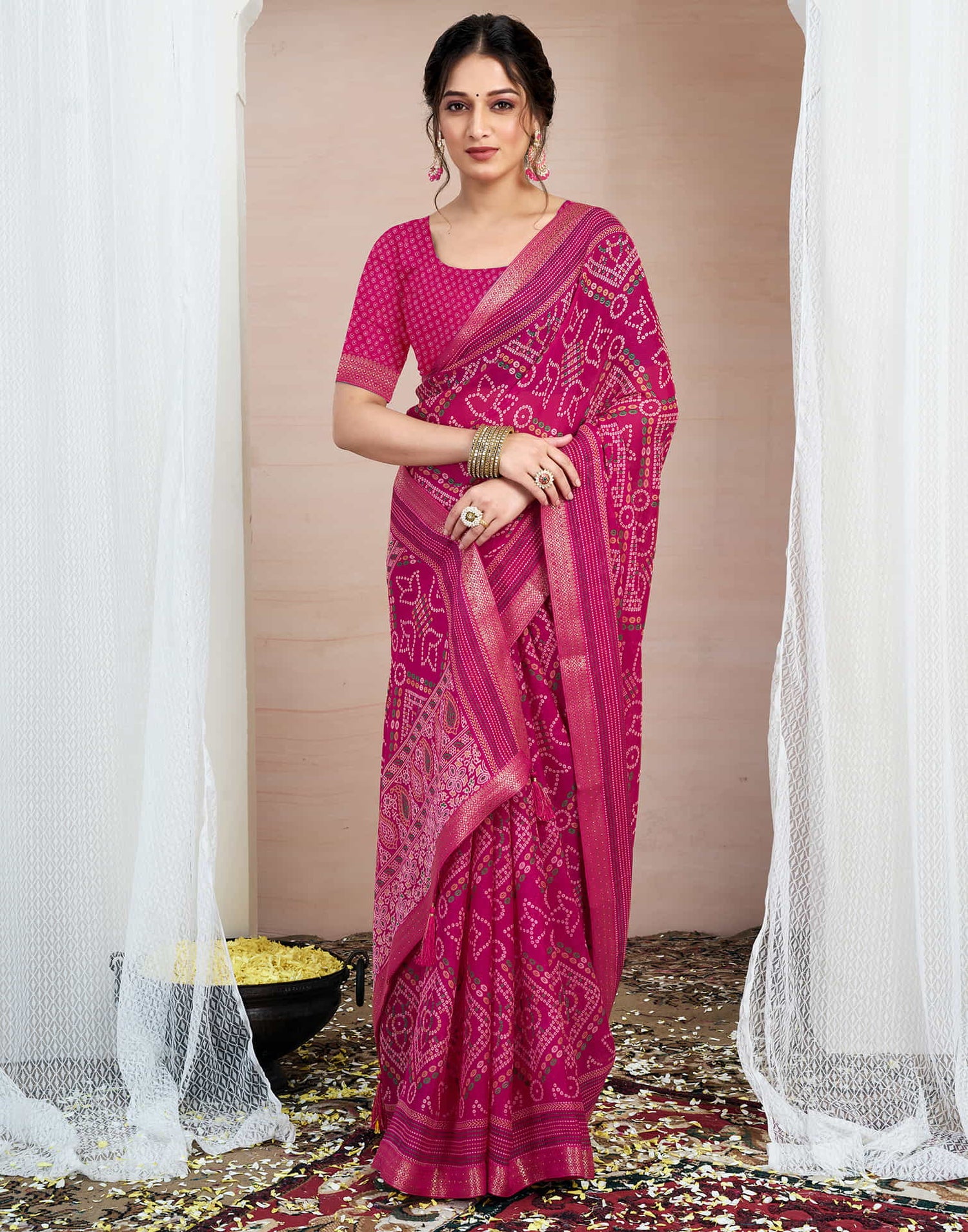 Rani Pink Chiffon Printed Bandhani Saree