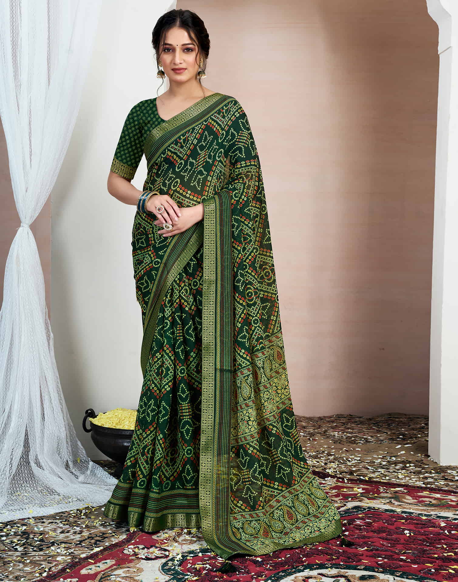 Dark Green Chiffon Printed Bandhani Saree