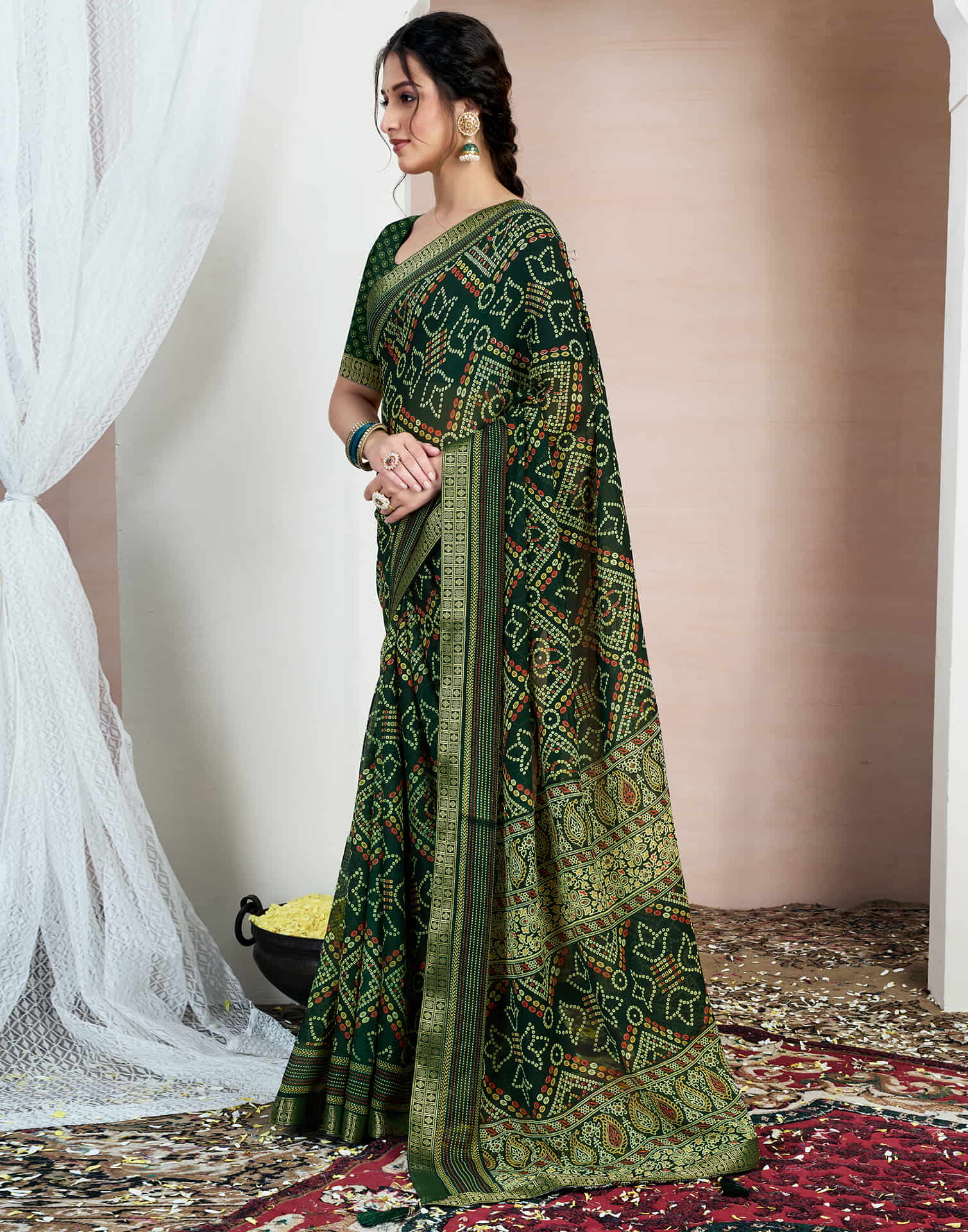 Dark Green Chiffon Printed Bandhani Saree