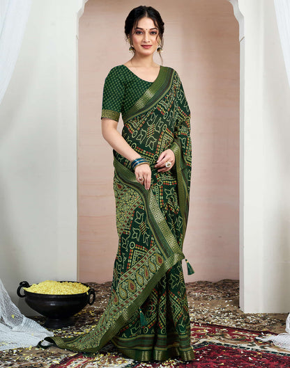 Dark Green Chiffon Printed Bandhani Saree