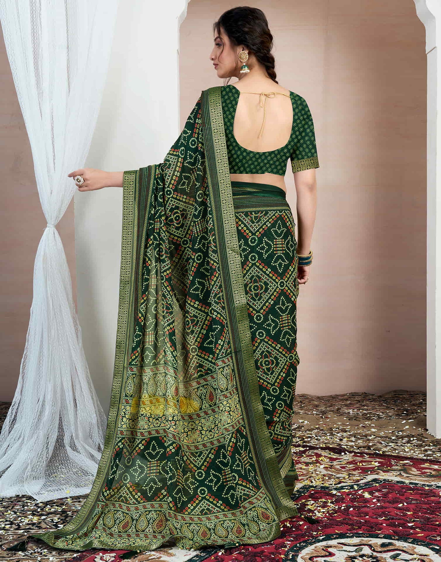 Dark Green Chiffon Printed Bandhani Saree