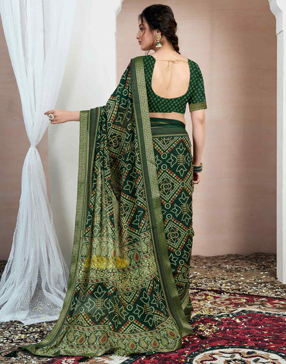 Dark Green Chiffon Printed Bandhani Saree