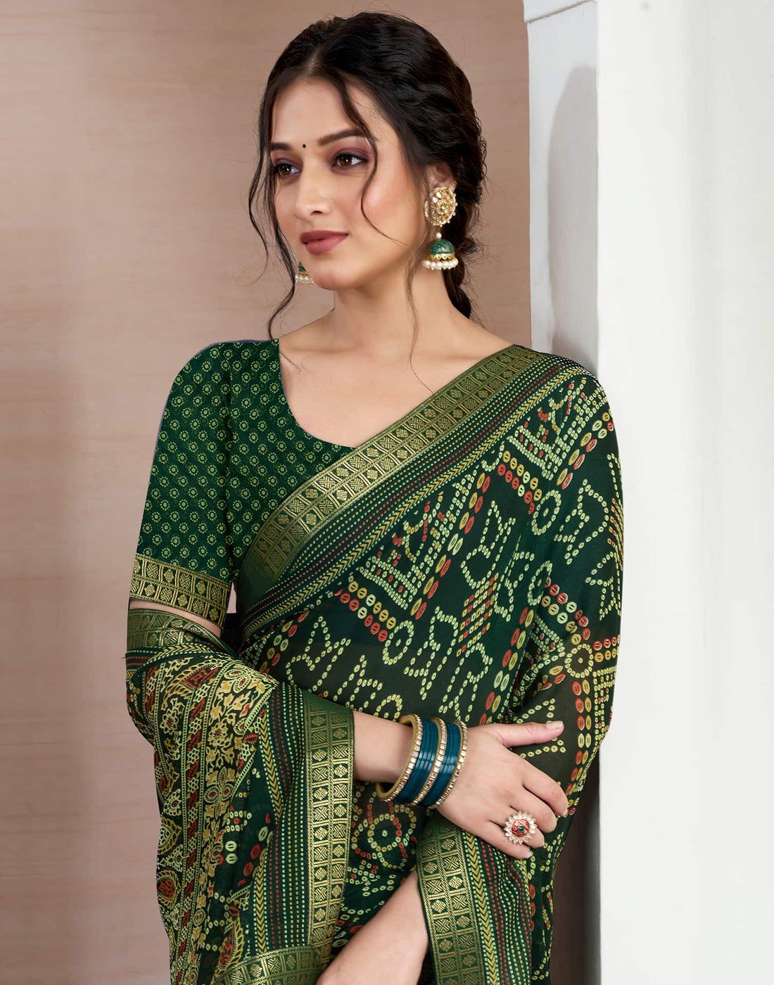 Dark Green Chiffon Printed Bandhani Saree