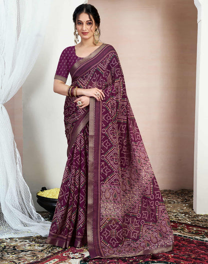 Wine Chiffon Printed Bandhani Saree