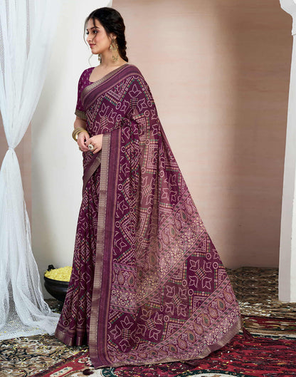 Wine Chiffon Printed Bandhani Saree