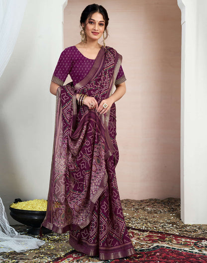 Wine Chiffon Printed Bandhani Saree