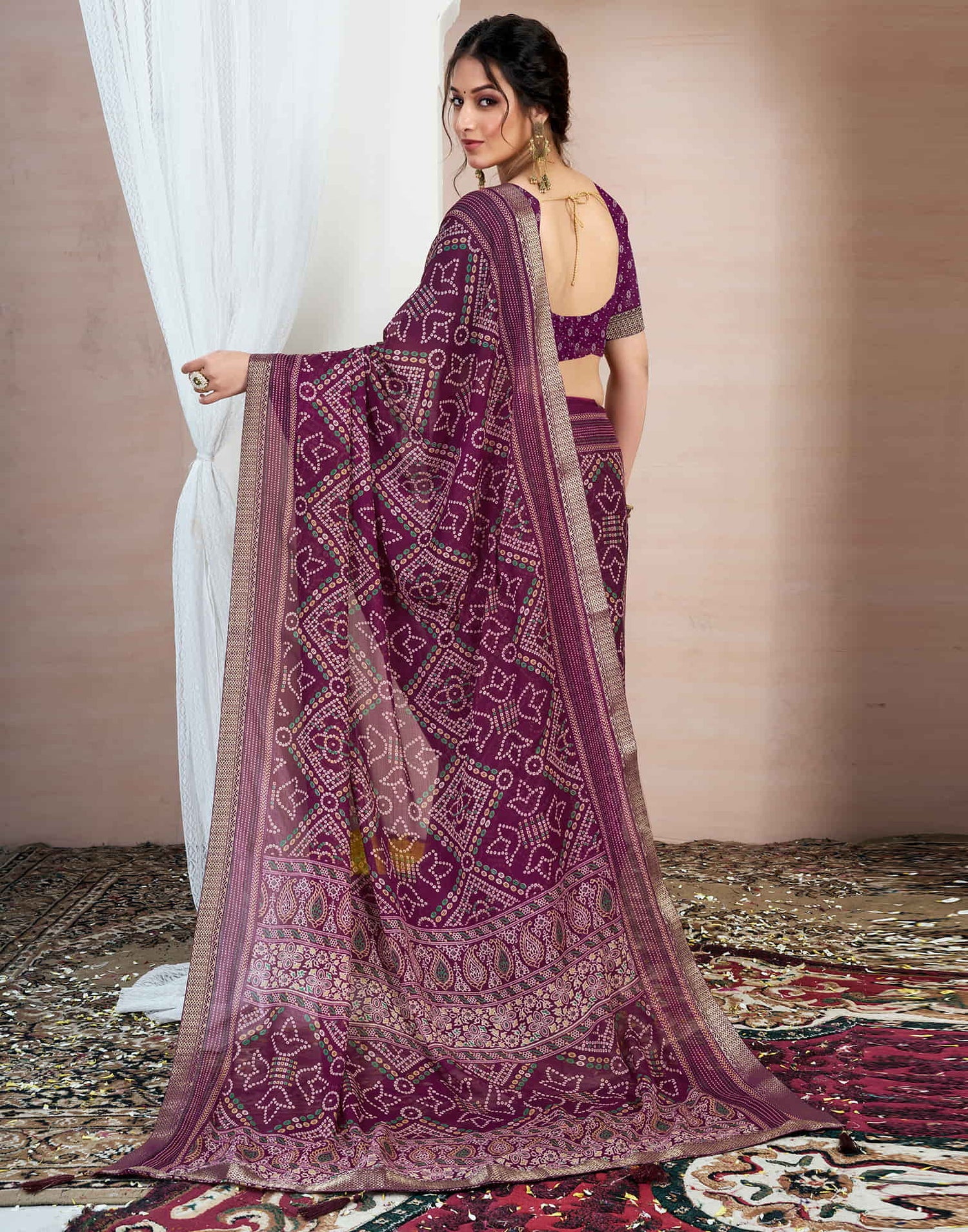 Wine Chiffon Printed Bandhani Saree