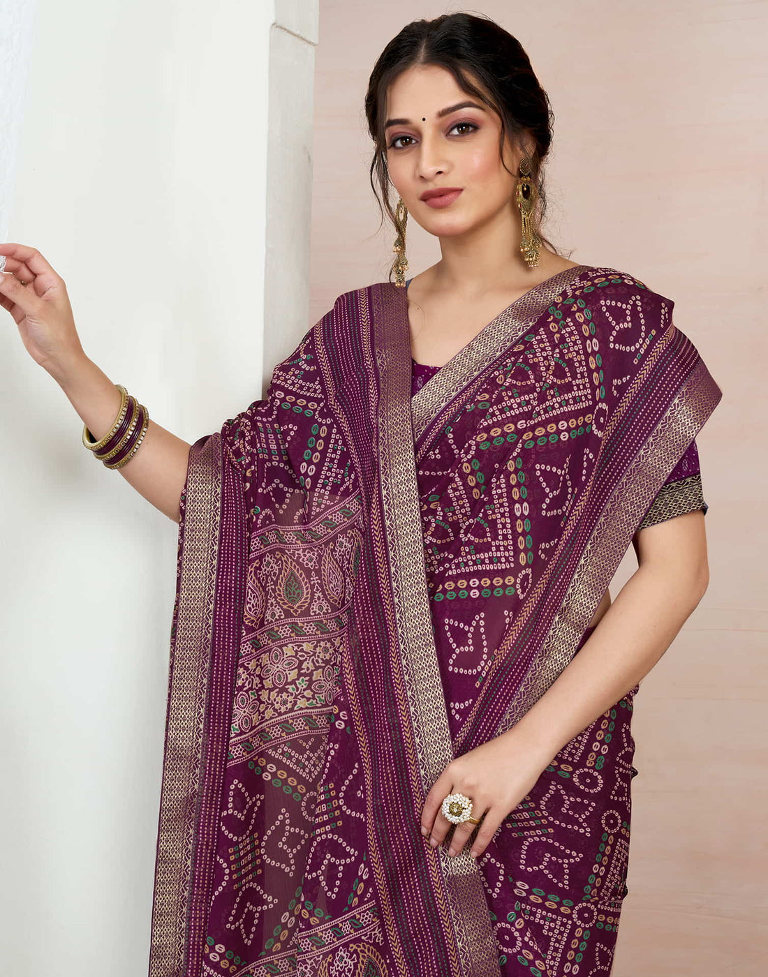 Wine Chiffon Printed Bandhani Saree