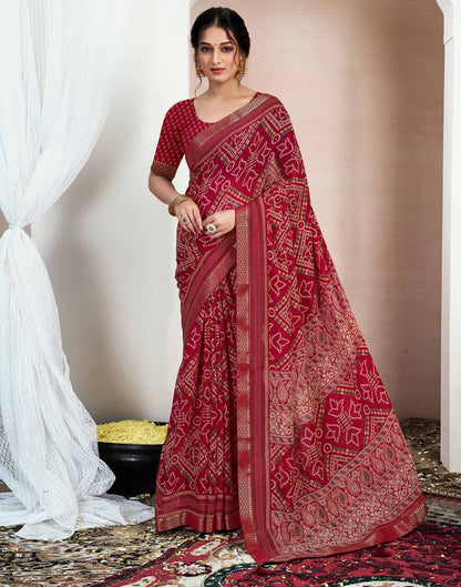 Red Chiffon Printed Bandhani Saree