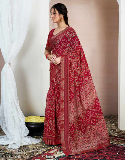 Red Chiffon Printed Bandhani Saree