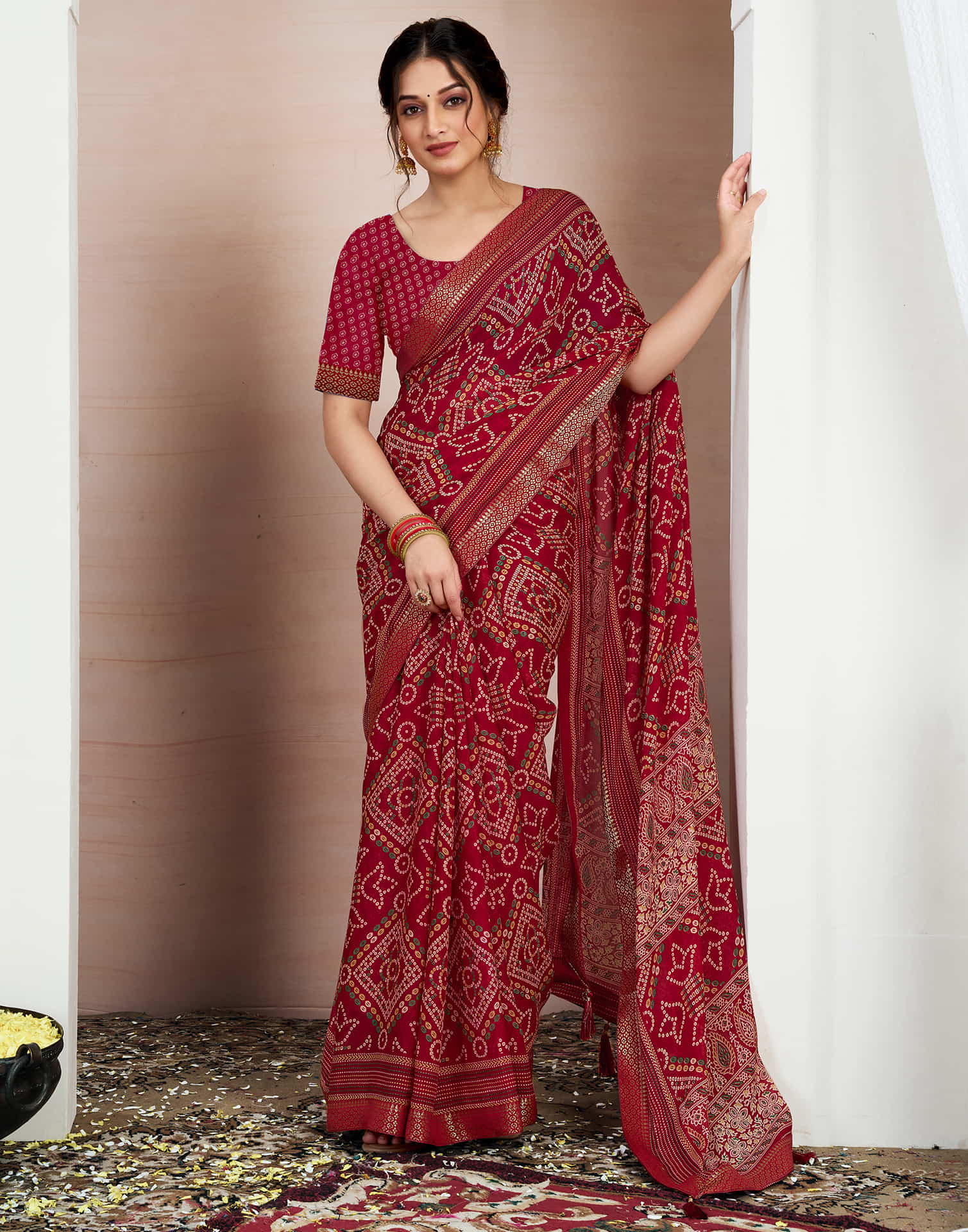 Red Chiffon Printed Bandhani Saree