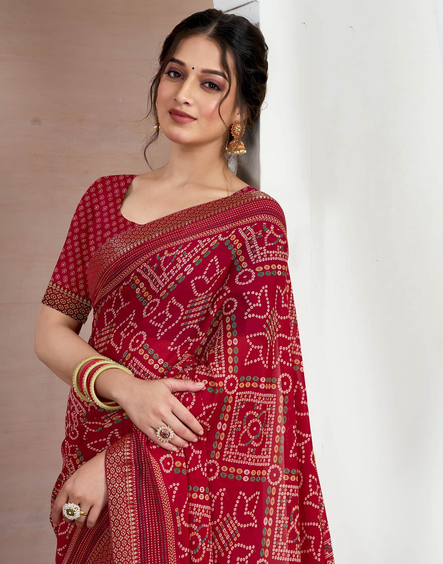 Red Chiffon Printed Bandhani Saree