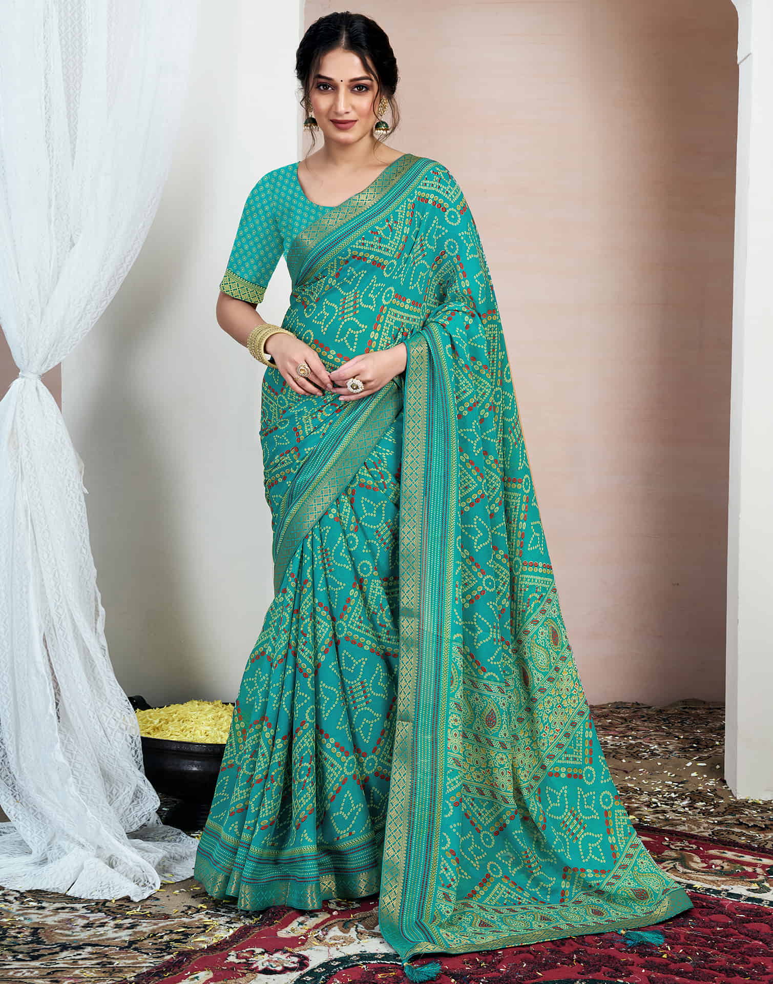 Teal Green Chiffon Printed Bandhani Saree