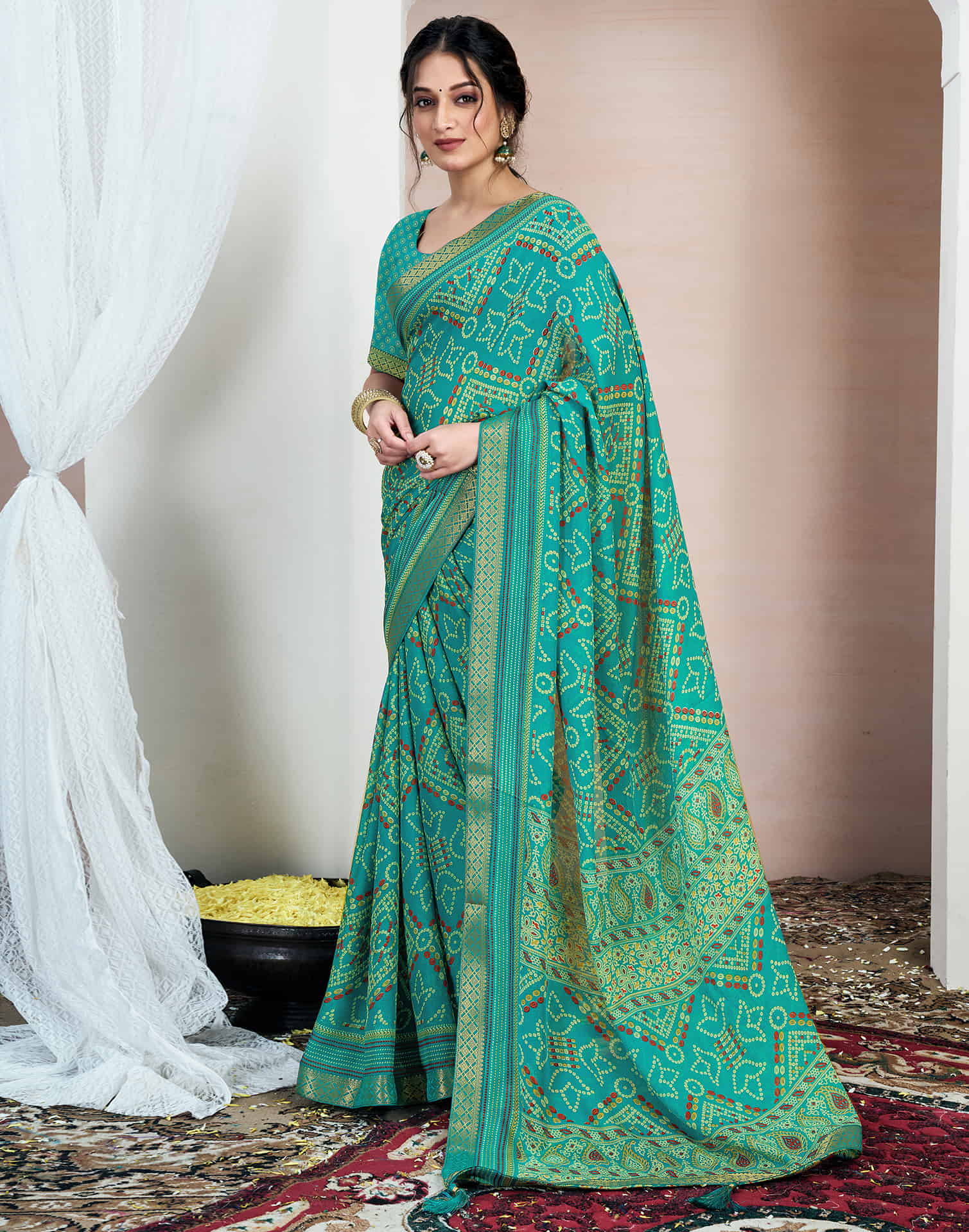 Teal Green Chiffon Printed Bandhani Saree