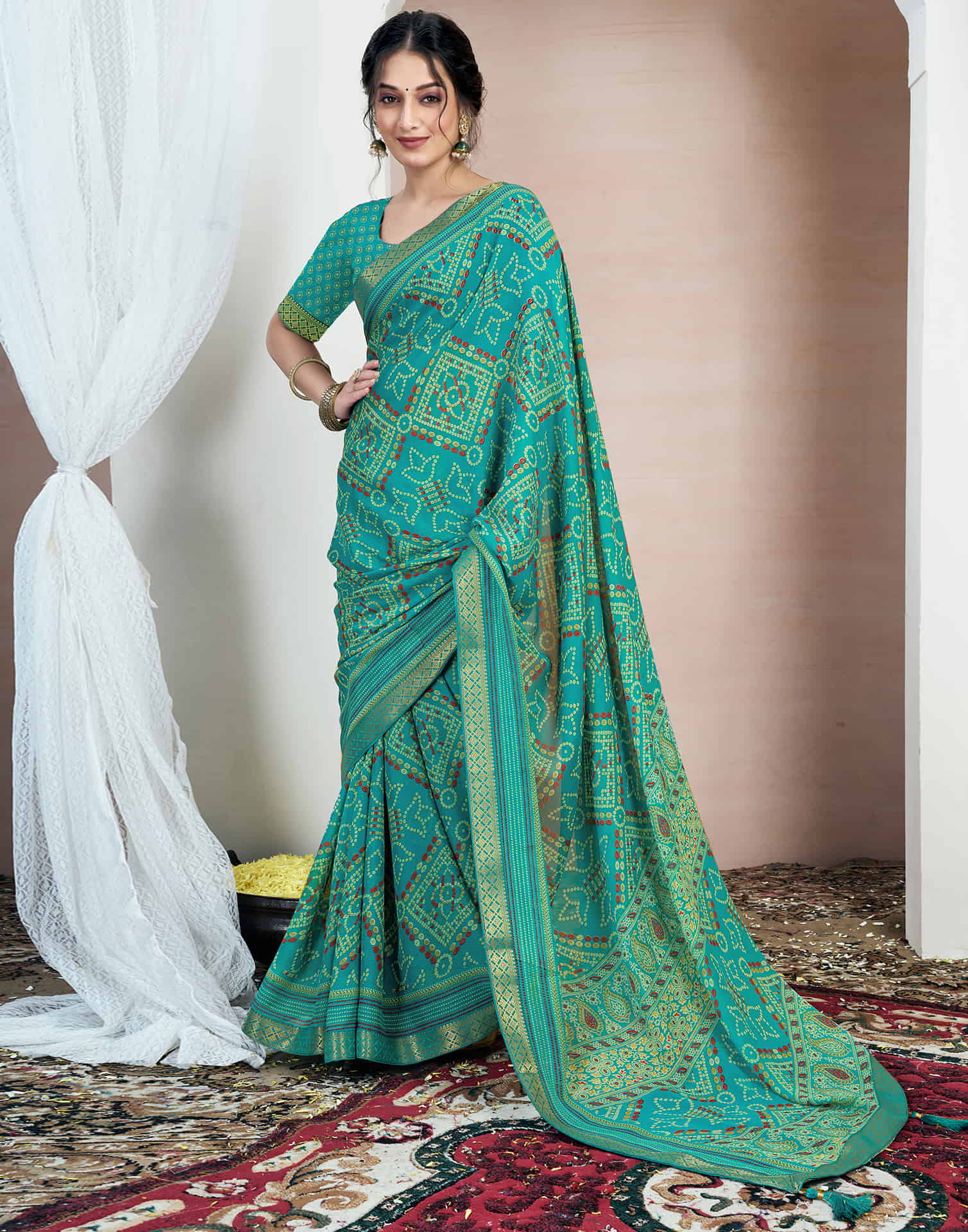 Teal Green Chiffon Printed Bandhani Saree