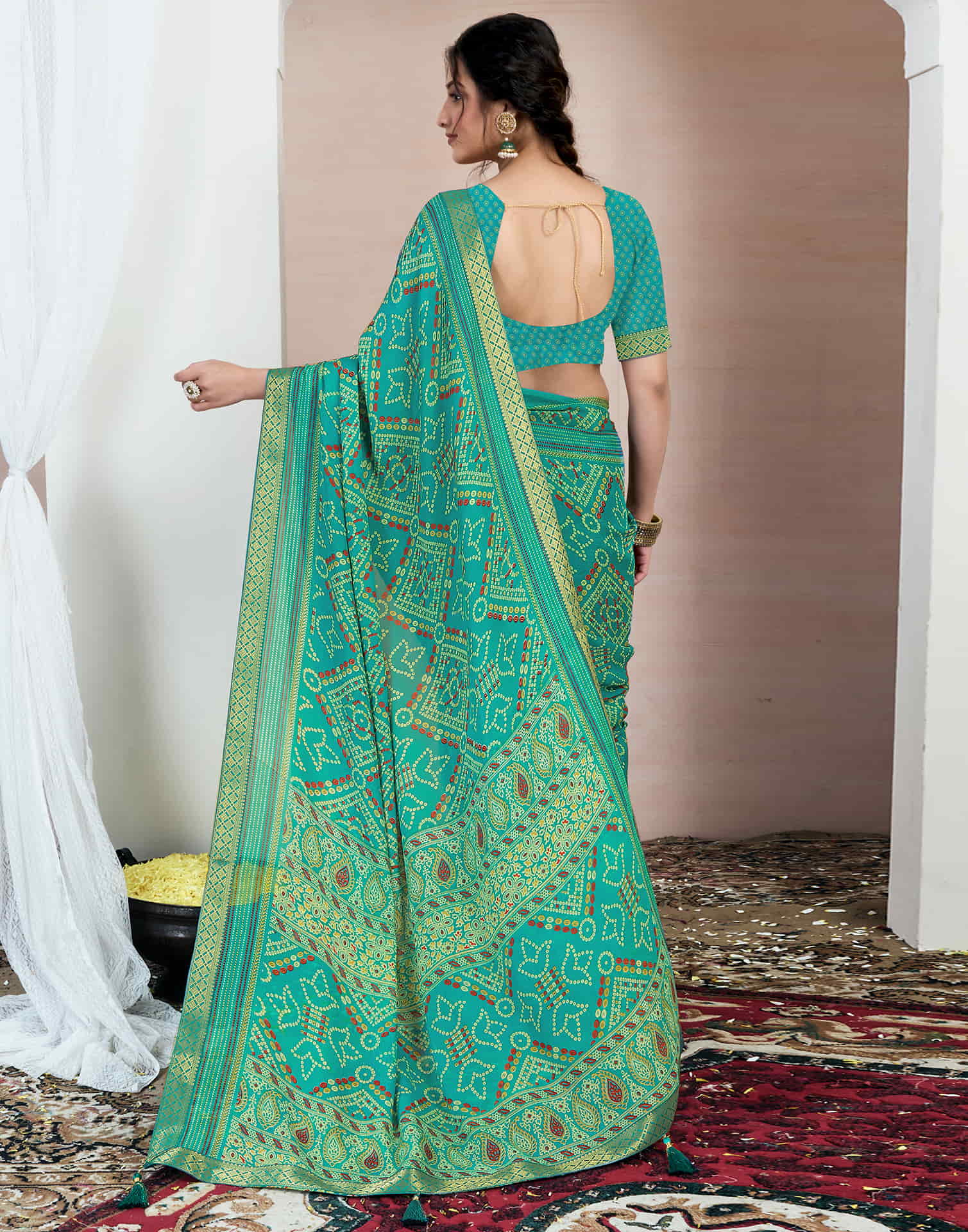 Teal Green Chiffon Printed Bandhani Saree