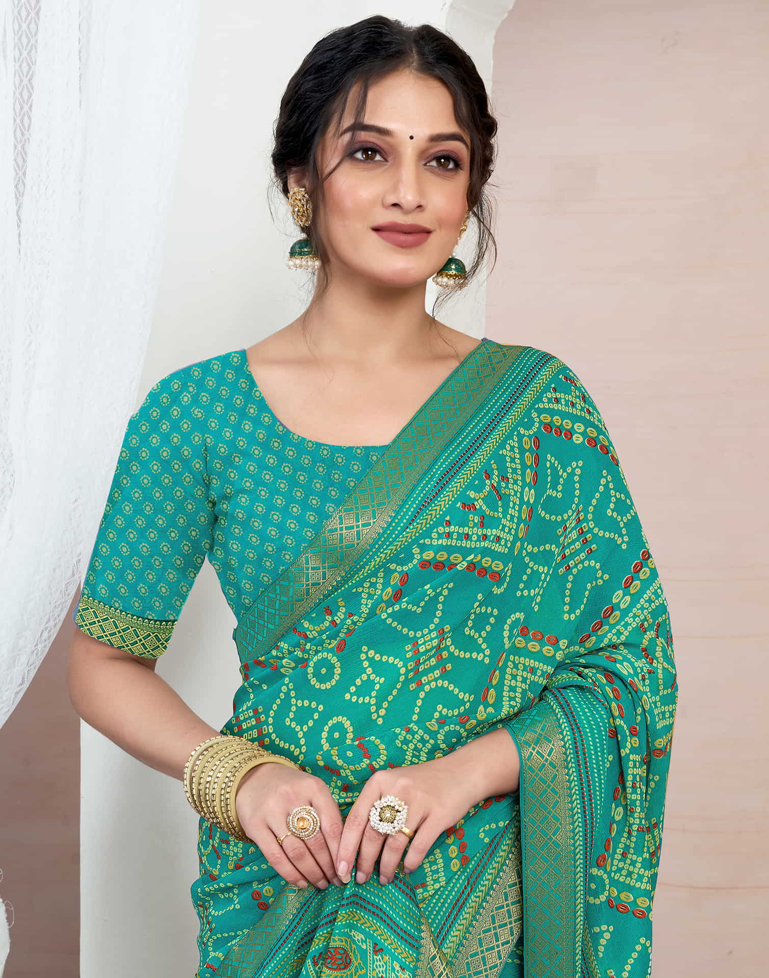 Teal Green Chiffon Printed Bandhani Saree