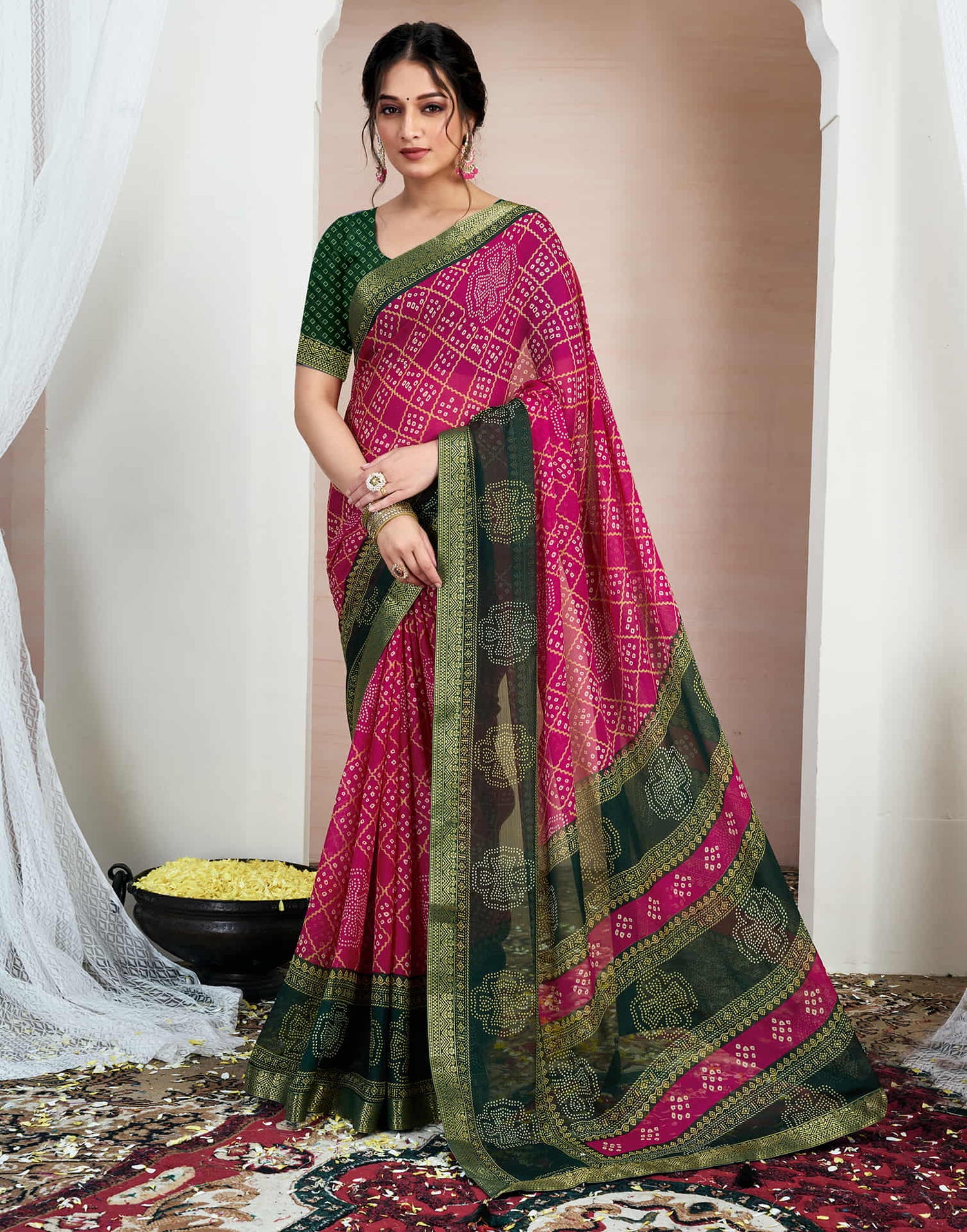 Rani Pink Chiffon Printed Bandhani Saree