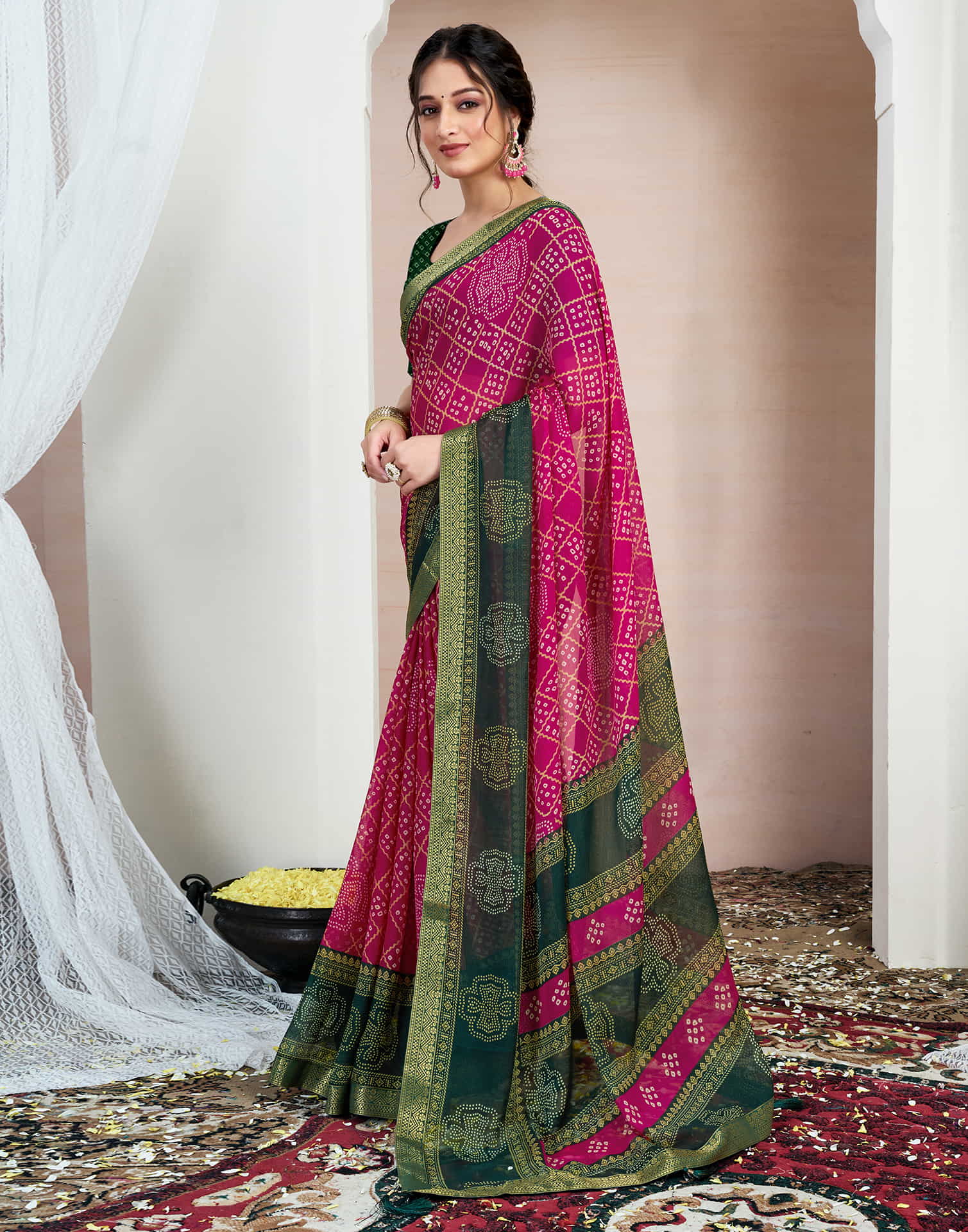 Rani Pink Chiffon Printed Bandhani Saree