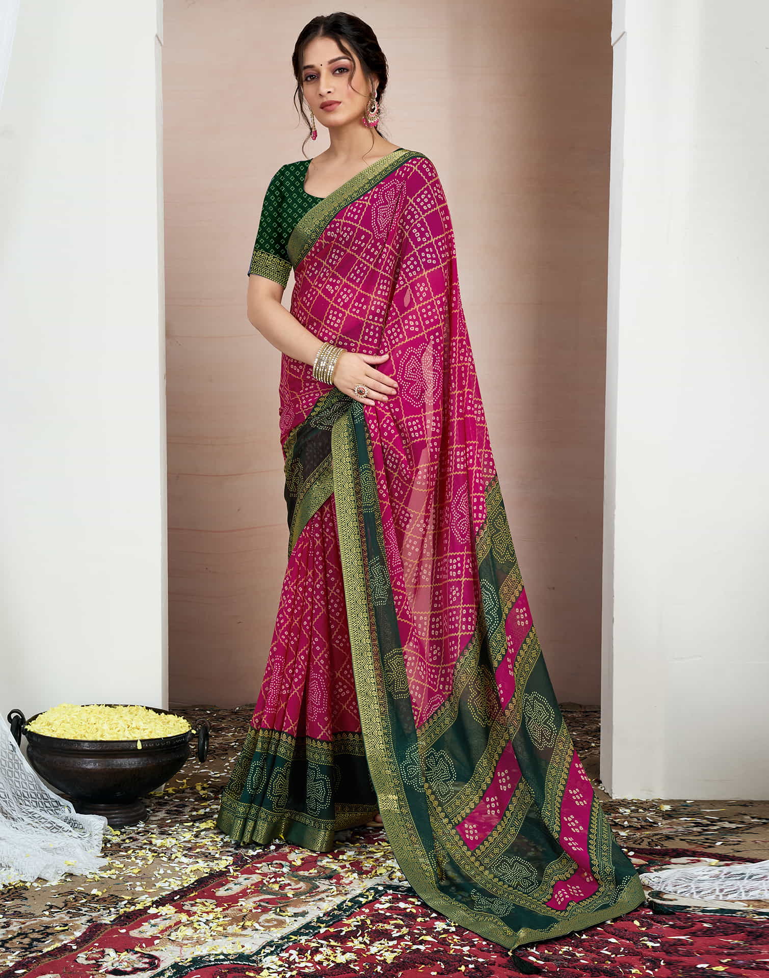 Rani Pink Chiffon Printed Bandhani Saree