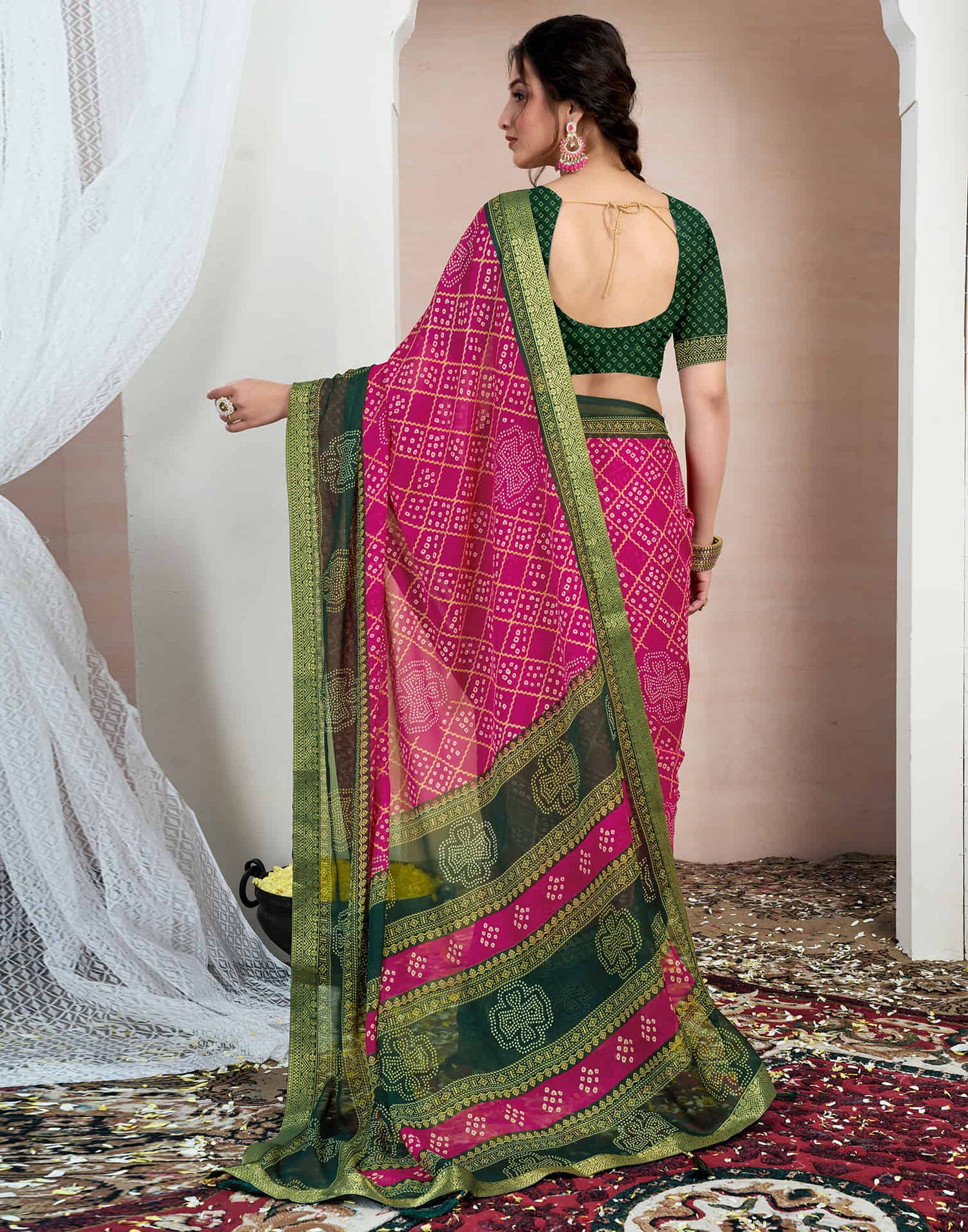 Rani Pink Chiffon Printed Bandhani Saree