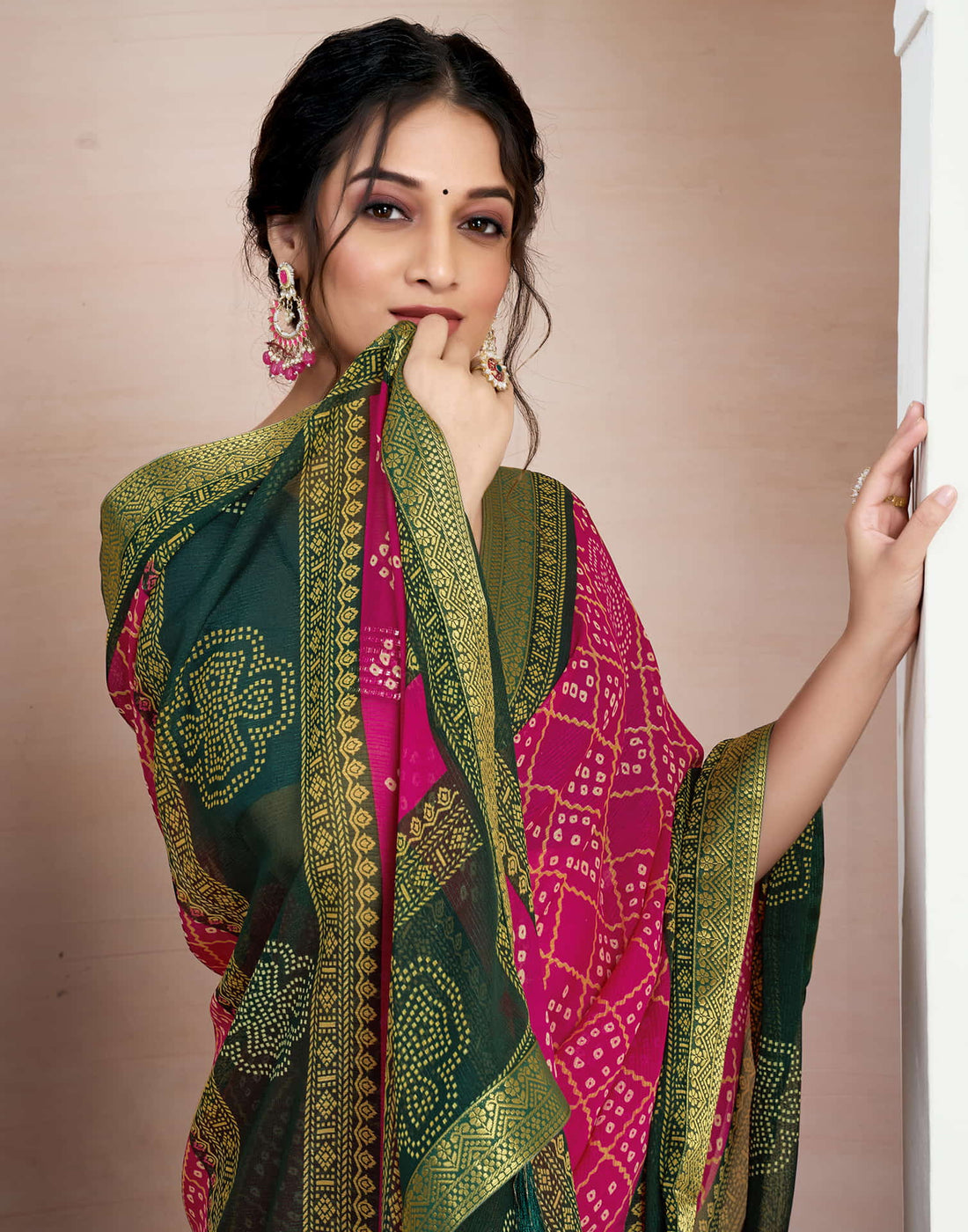 Rani Pink Chiffon Printed Bandhani Saree