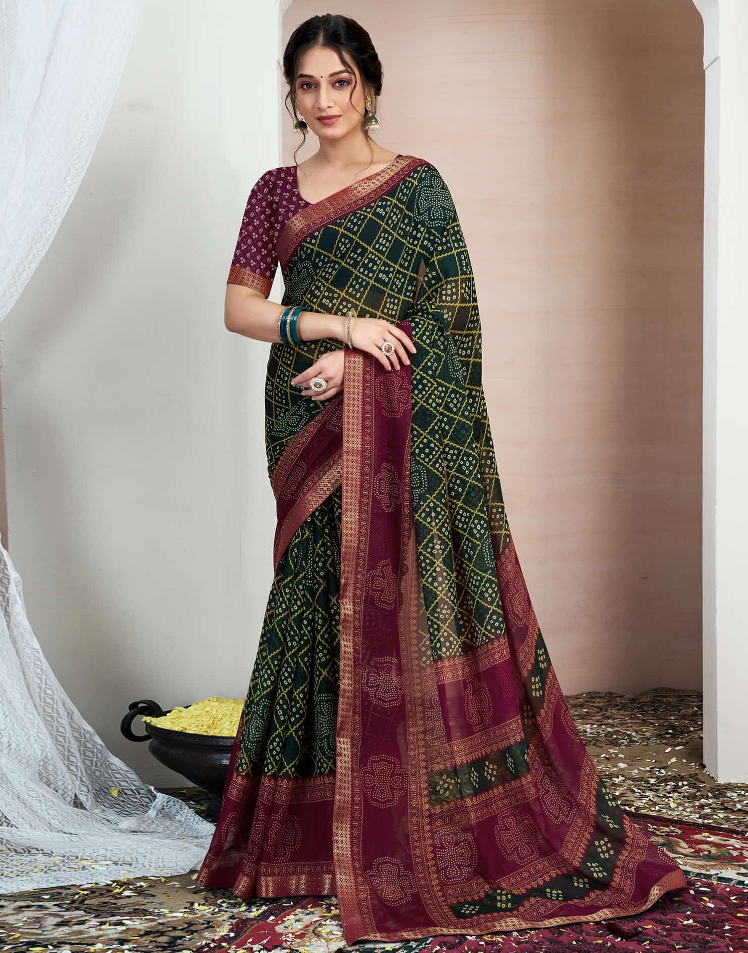 Dark Green Chiffon Printed Bandhani Saree