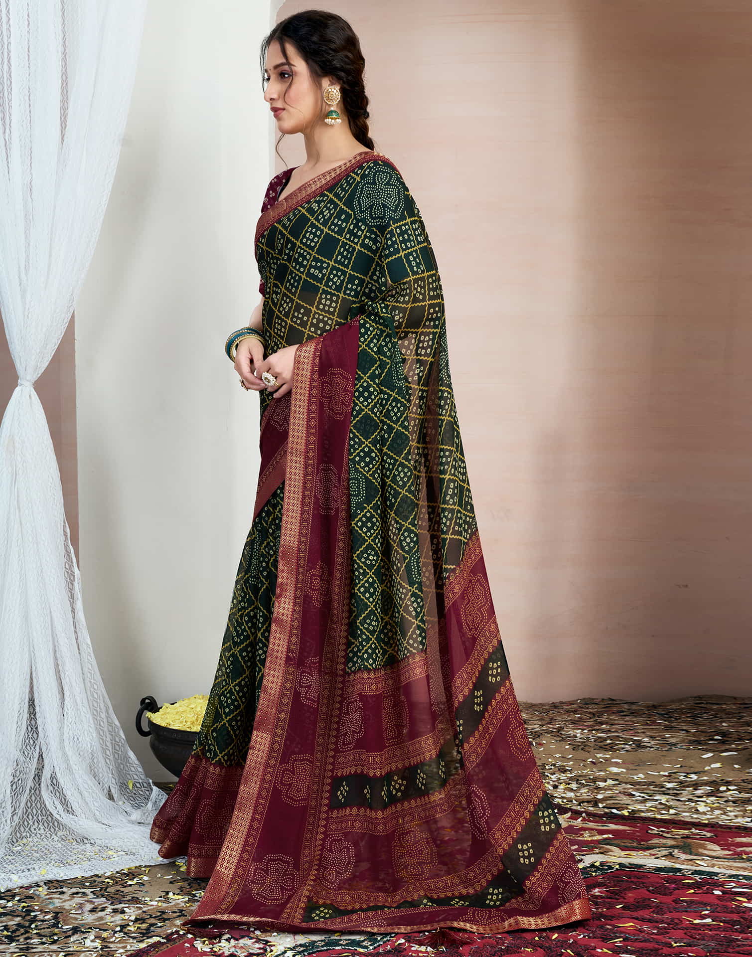 Dark Green Chiffon Printed Bandhani Saree