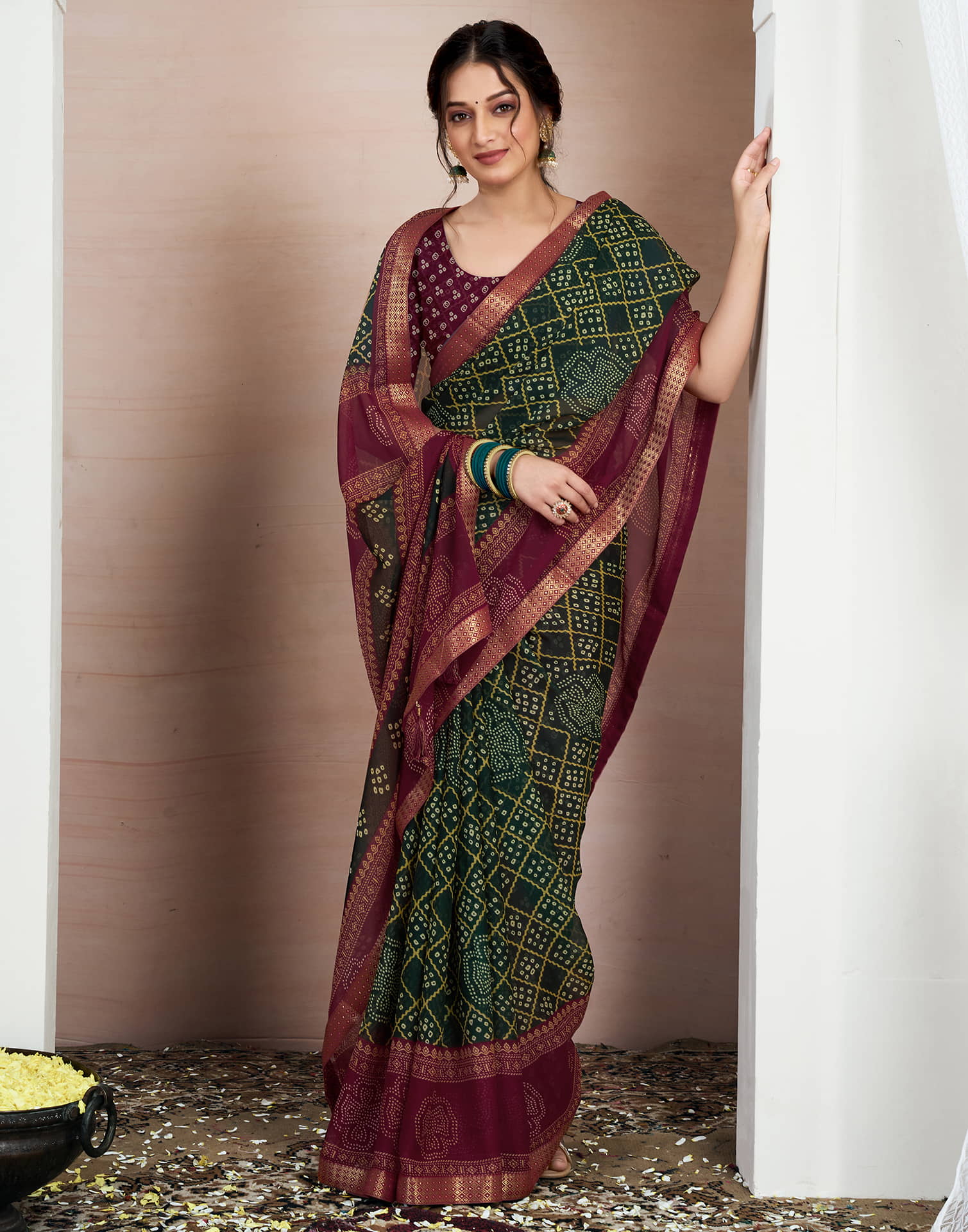 Dark Green Chiffon Printed Bandhani Saree