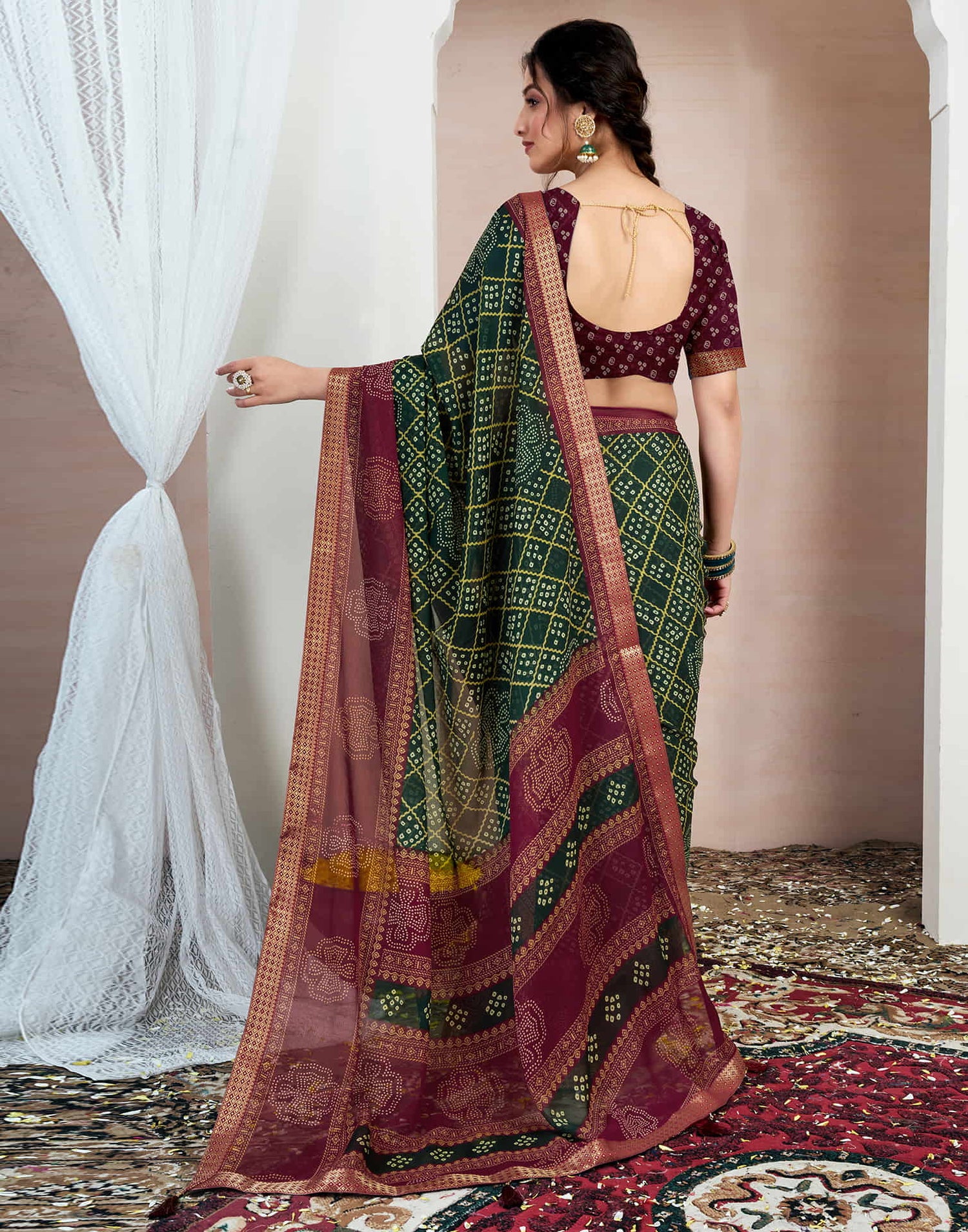 Dark Green Chiffon Printed Bandhani Saree