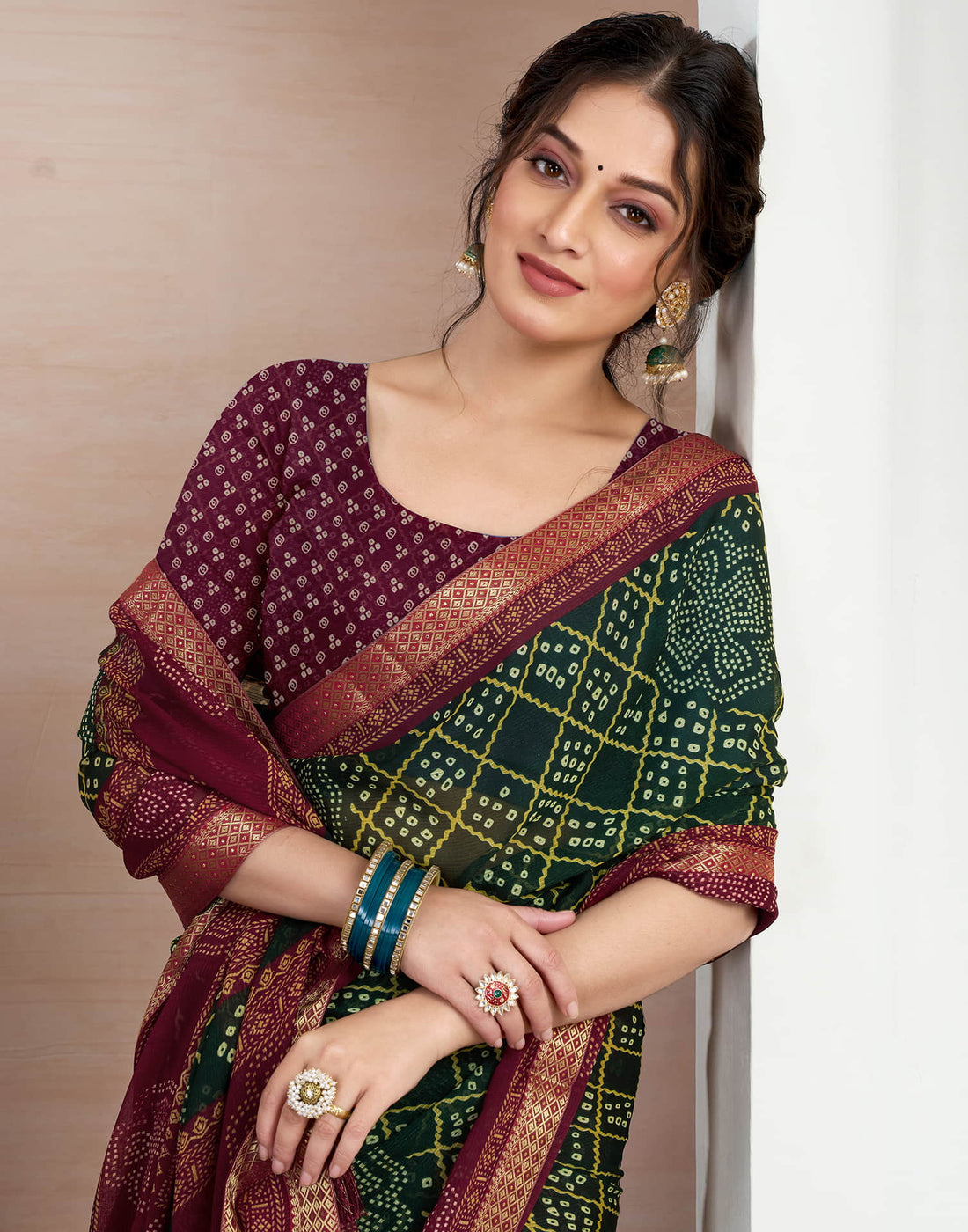 Dark Green Chiffon Printed Bandhani Saree